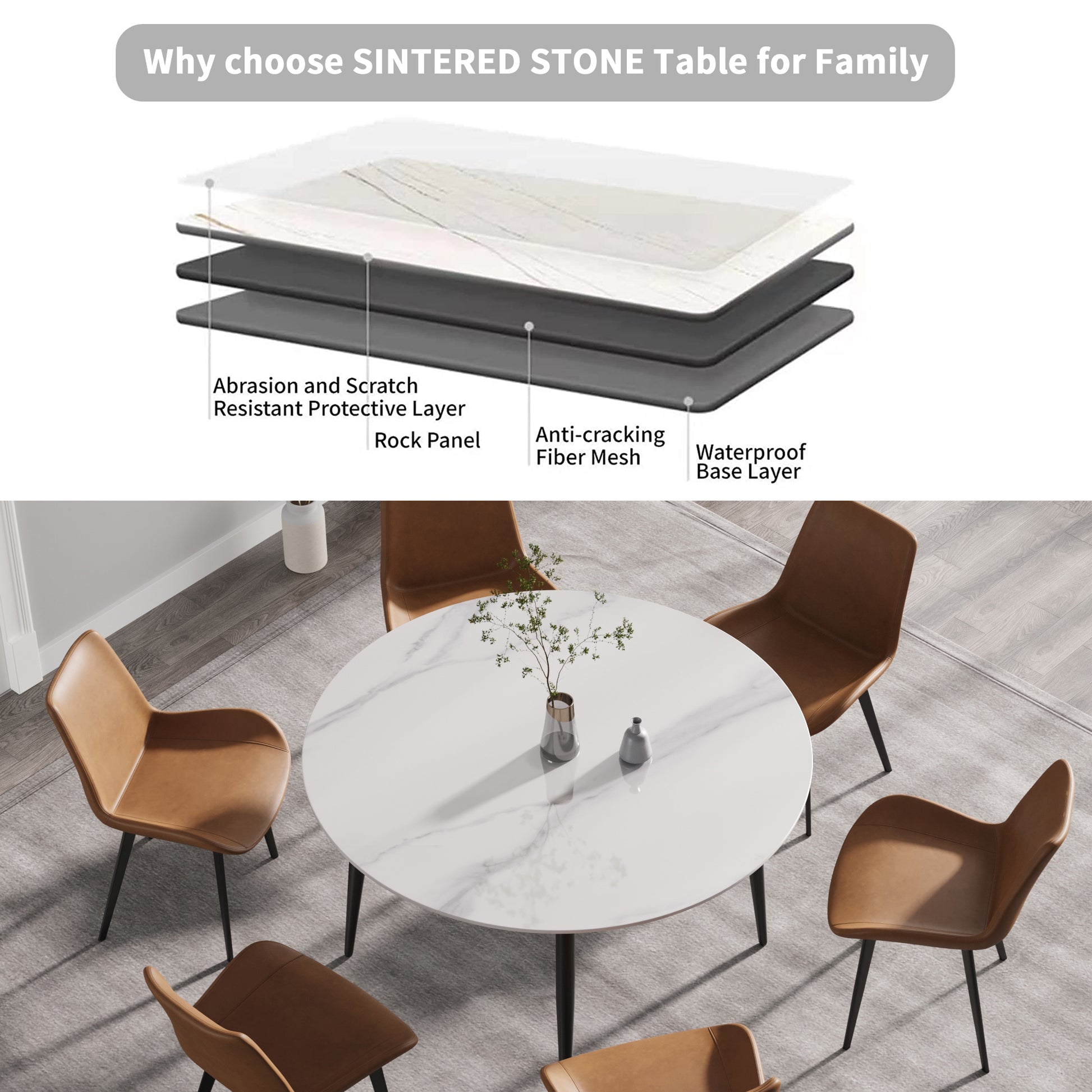 53.15"Modern Man Made Stone Round Black Metal Dining Table Position For 6 People White Metal Sintered Stone