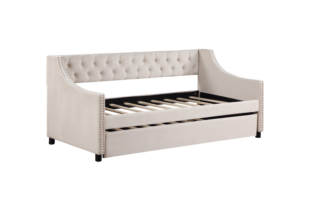 Upholstered Daybed With Trundle, Twin Size Frame, Beige Velvet Beige Foam Solid Wood