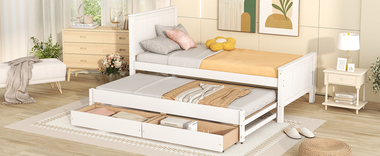 Twin Size Platform Bed With Trundle And Drawers, White White Pine