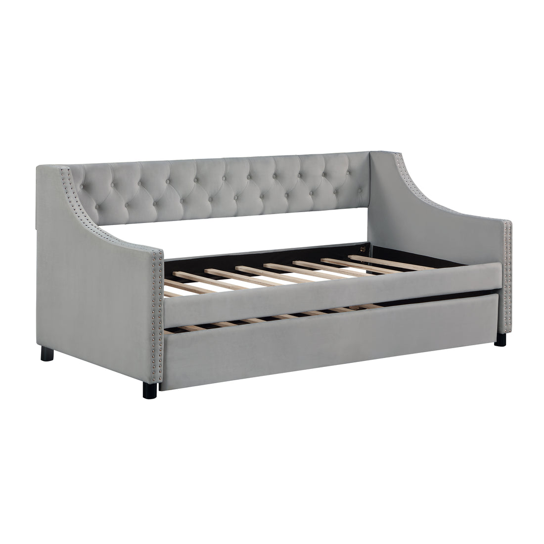 Daybed With Trundle Upholstered Tufted Sofa Bed, With Button And Copper Nail On Arms,Full Size Grey. Full Gray Solid Wood