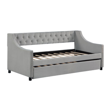 Daybed With Trundle Upholstered Tufted Sofa Bed, With Button And Copper Nail On Arms,Full Size Grey. Full Gray Solid Wood