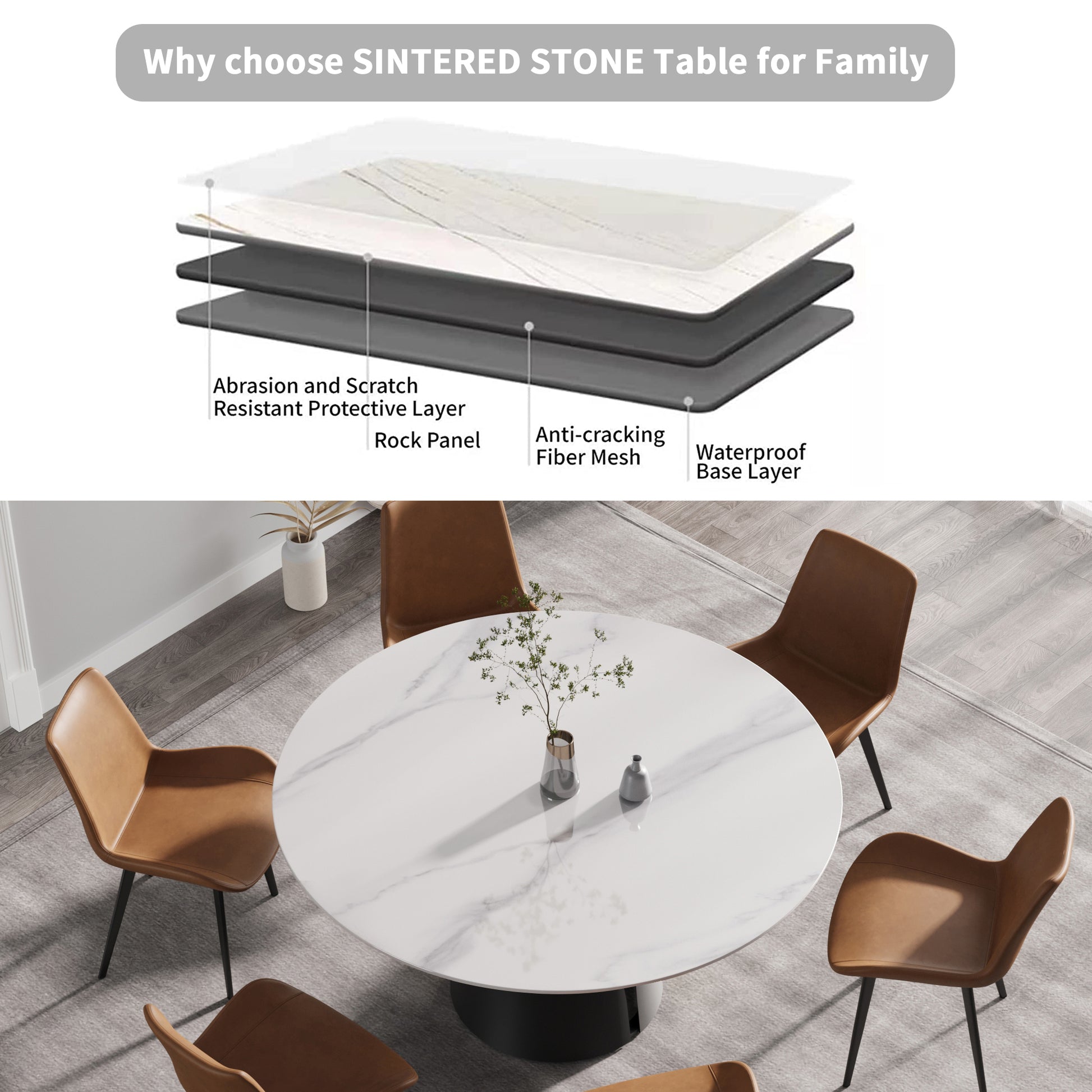 59.05"Modern Artificial Stone Round Black Carbon Steel Base Dining Table Can Accommodate 6 People White Metal Marble