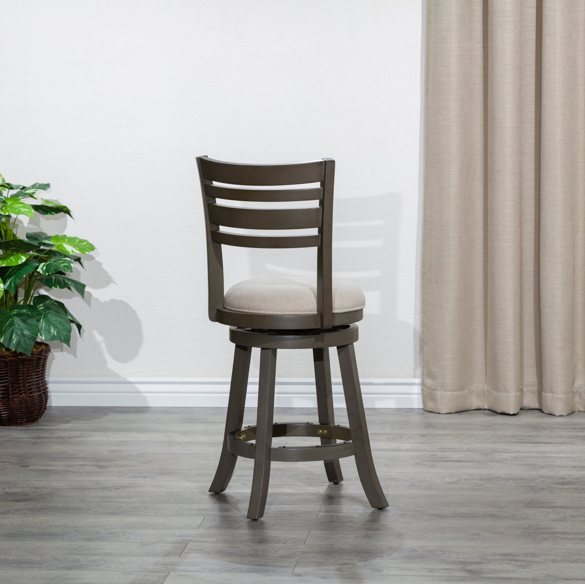 24" Counter Height Slat Back Swivel Stool, Weathered Gray Finish, Beige Fabric Seat Gray Fabric