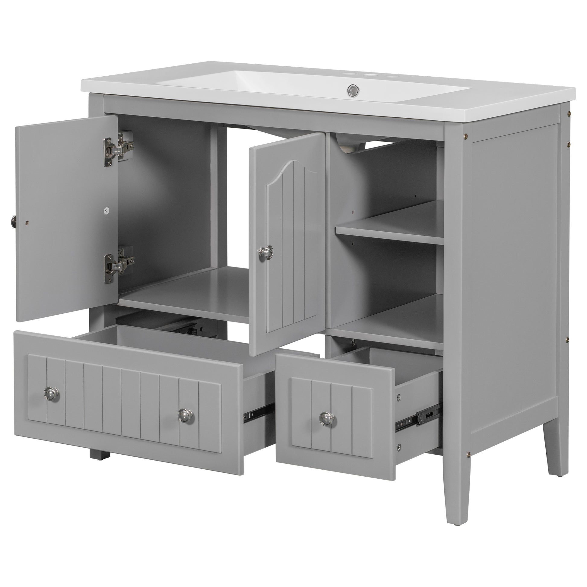 Video 36" Bathroom Vanity With Ceramic Basin, Bathroom Storage Cabinet With Two Doors And Drawers, Solid Frame, Metal Handles, Grey Old Sku: Jl000003Aae Grey Solid Wood