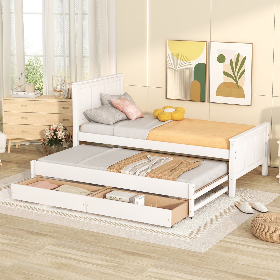 Twin Size Platform Bed With Trundle And Drawers, White White Pine