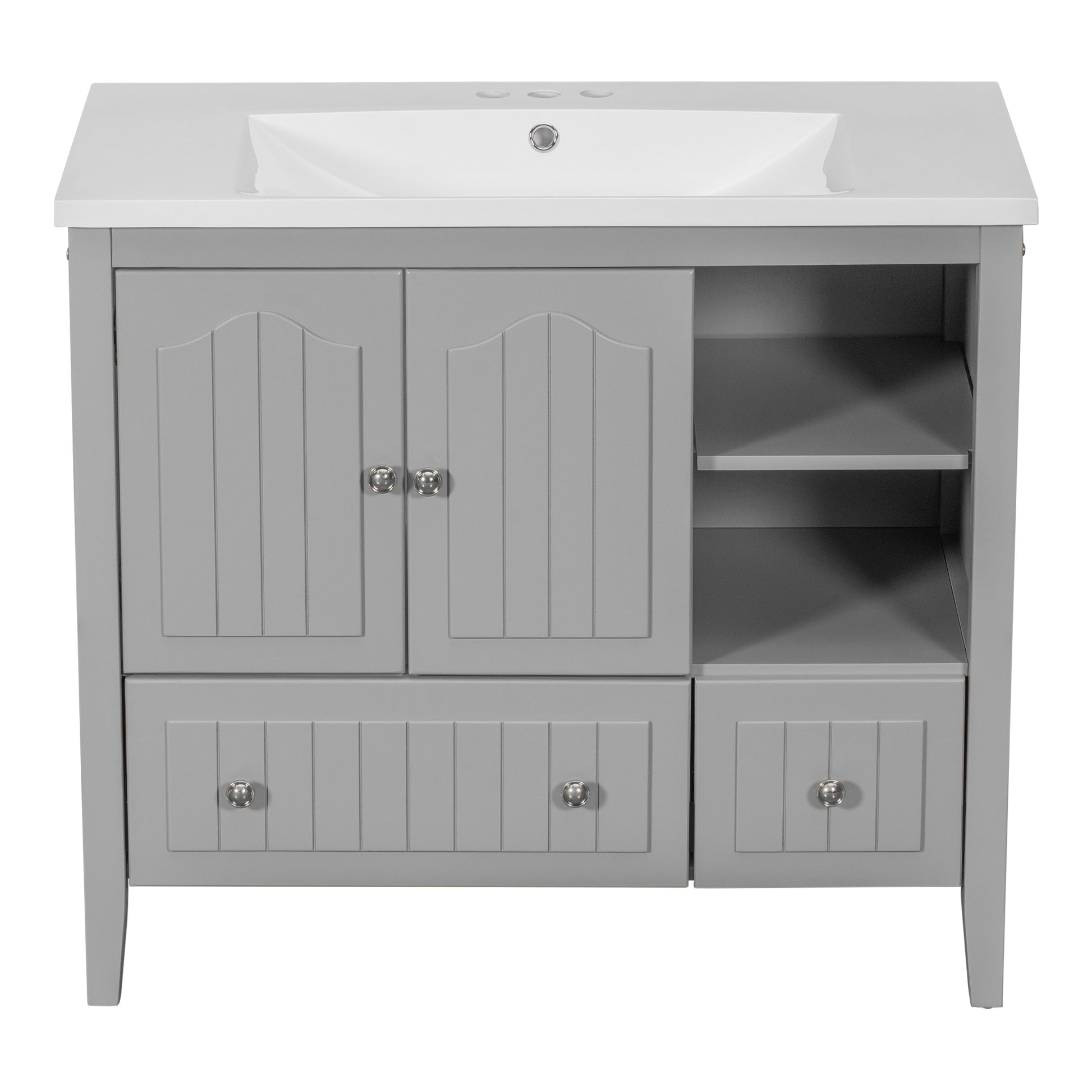 Video 36" Bathroom Vanity With Ceramic Basin, Bathroom Storage Cabinet With Two Doors And Drawers, Solid Frame, Metal Handles, Grey Old Sku: Jl000003Aae Grey Solid Wood