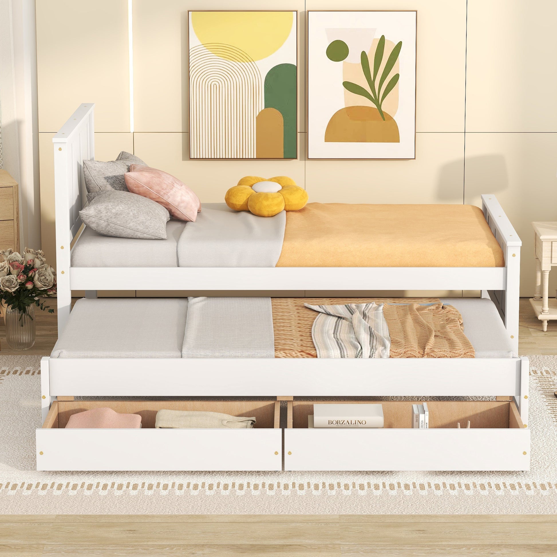 Twin Size Platform Bed With Trundle And Drawers, White White Pine