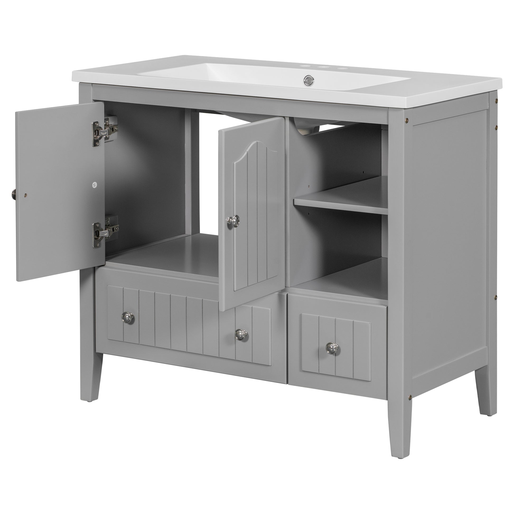 Video 36" Bathroom Vanity With Ceramic Basin, Bathroom Storage Cabinet With Two Doors And Drawers, Solid Frame, Metal Handles, Grey Old Sku: Jl000003Aae Grey Solid Wood