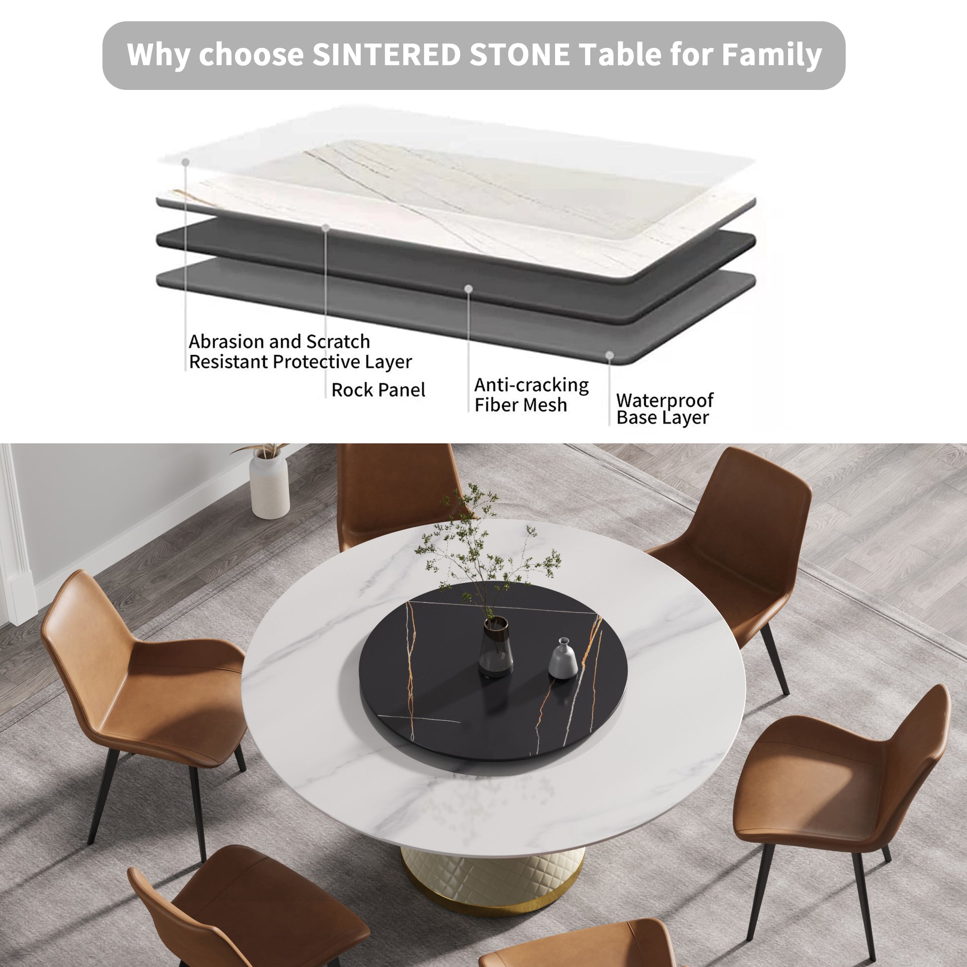 59.05"Modern Artificial Stone Round White Carbon Steel Base Dining Table Can Accommodate 6 People 31.5"Black Artificial Stone Turntable White Black Metal Marble