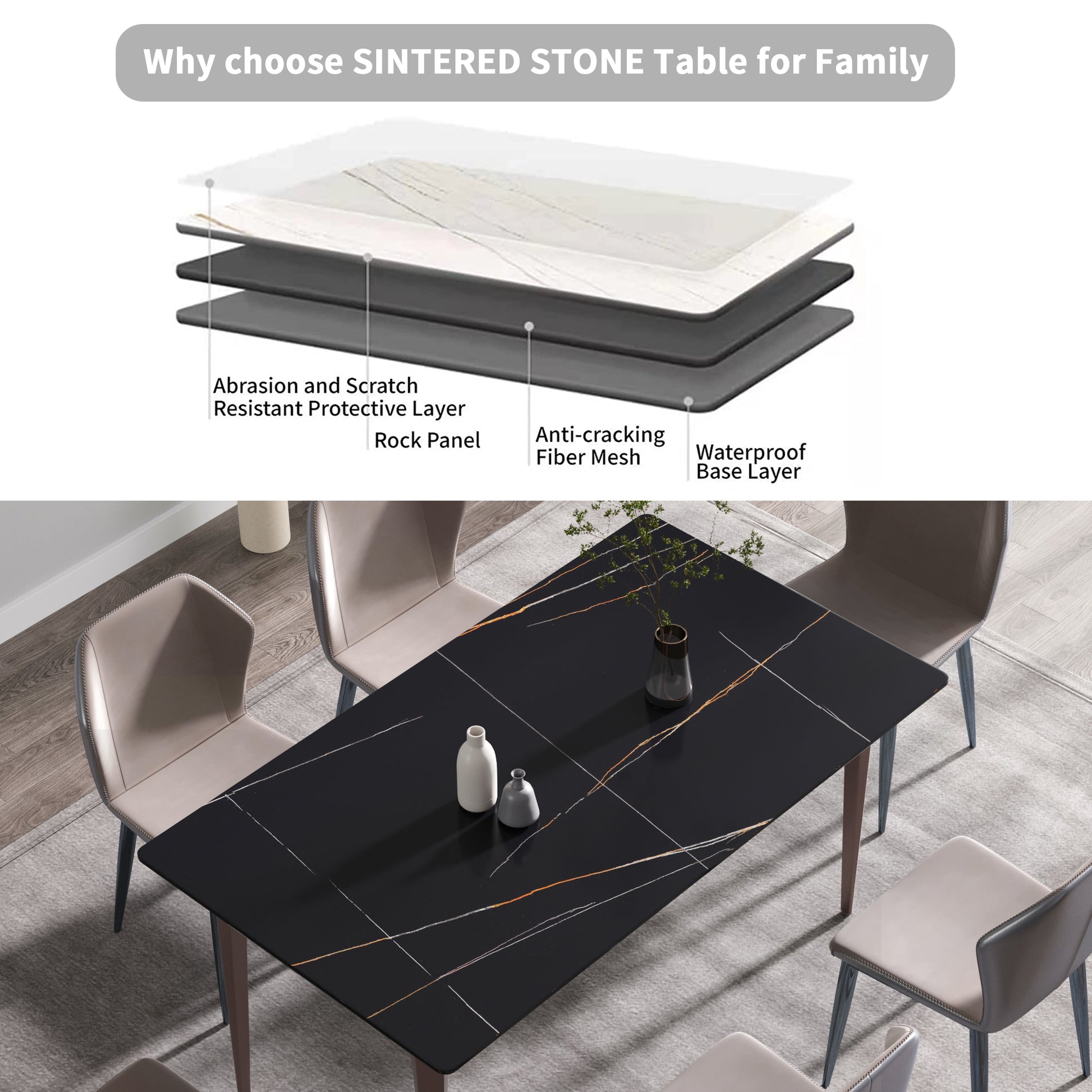 63"Modern Artificial Stone Black Straight Edge Metal Leg Dining Table 6 People Black Metal Sintered Stone