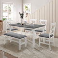 6 Piece Wood Dining Table Set Kitchen Table Set With Upholstered Bench And 4 Dining Chairs, Farmhouse Style,Gray White White Wood Dining Room Bench Seating Rubberwood Rectangular Dining Table With Chair And Bench Upholstered Chair Wood White Solid Back