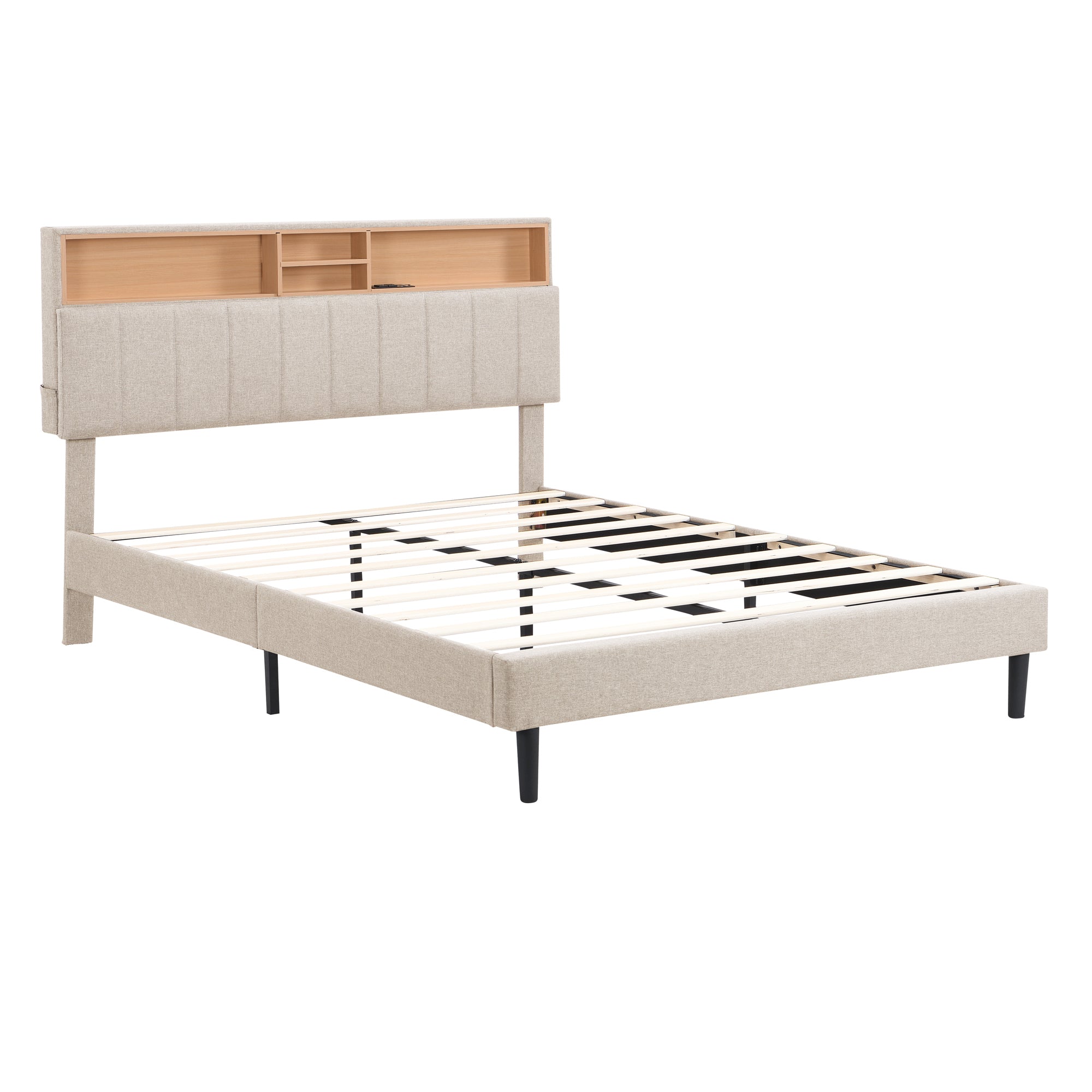 Queen Size Upholstered Platform Bed with Storage beige-linen