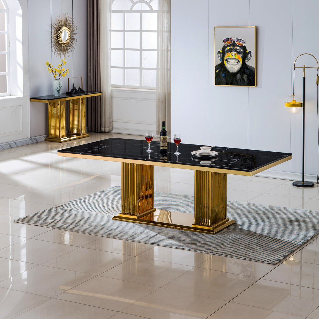 Modern Rectangular Marble Dining Table, 0.71" Thick Marble Top, Double Pedestal Pillar Stainless Steel Base With Gold Mirrored Finish Not Including Chairs Black Marble