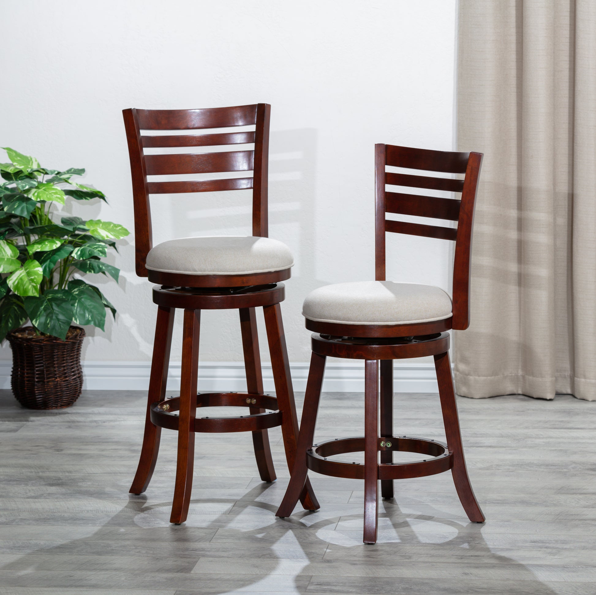 24" Counter Height Slat Back Swivel Stool, Cherry Finish, Beige Fabric Seat Cherry Fabric