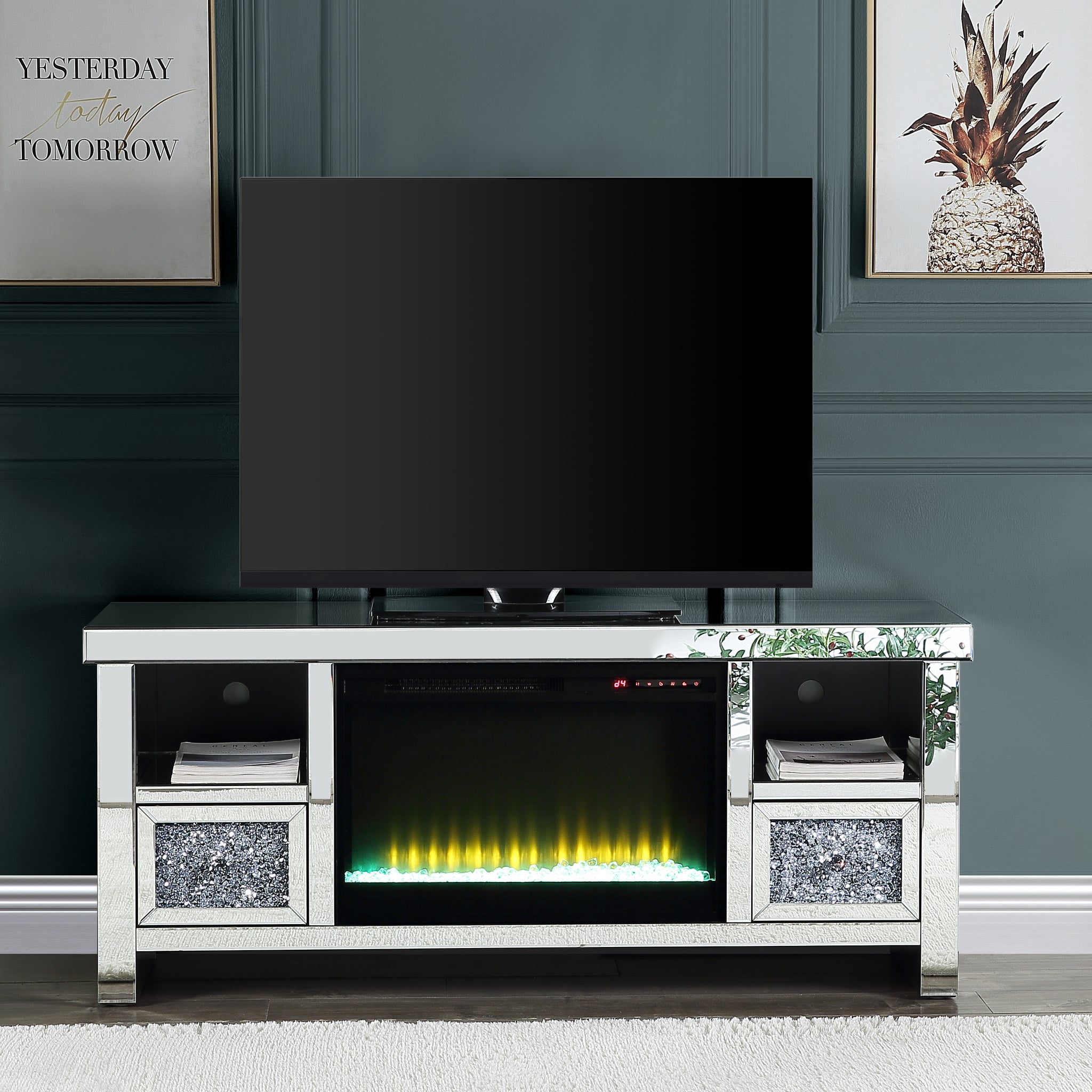 Noralie Tv Stand W Fireplace Mirrored & Faux Diamonds Lv00313 Silver Mdf