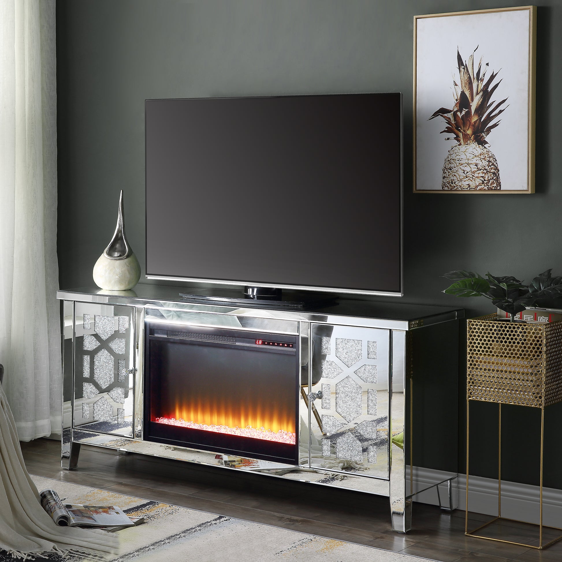 Noralie Tv Stand W Fireplace Mirrored & Faux Diamonds Lv00312 Silver Mdf