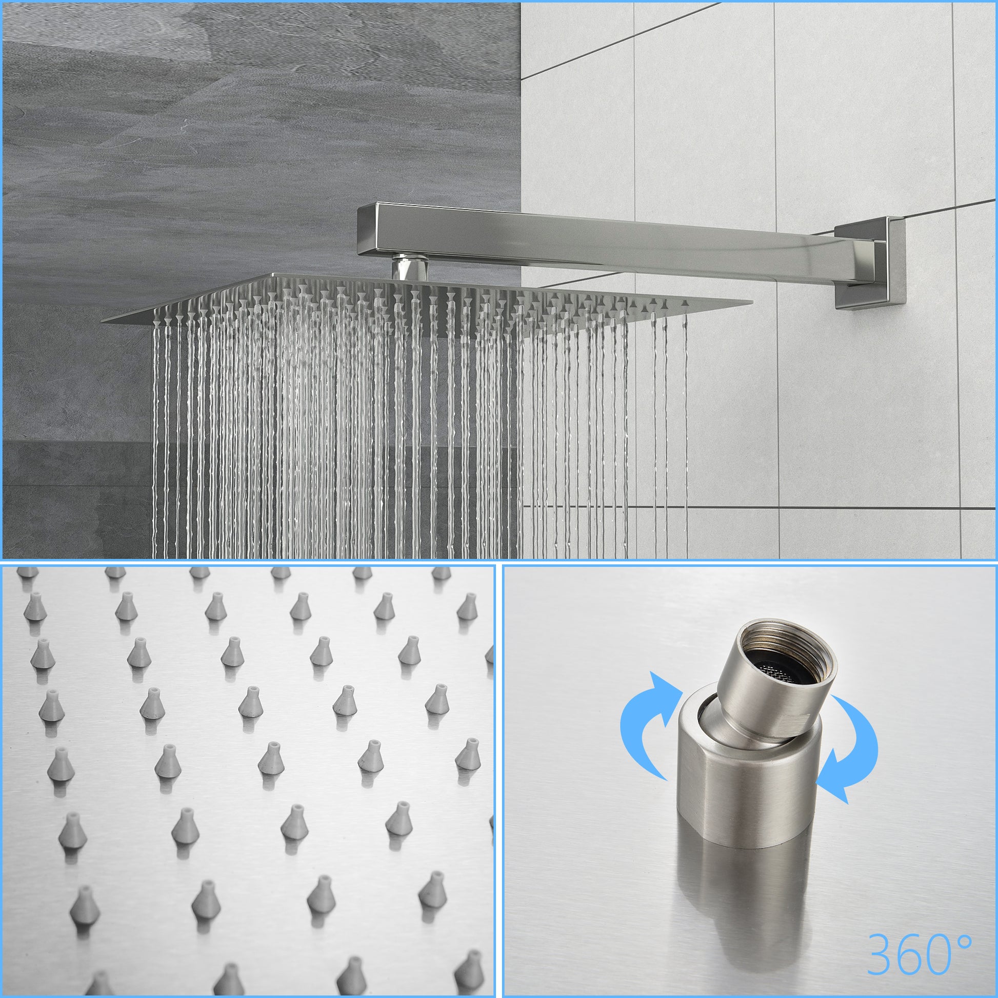 Dual Shower Head 12 Inch Wall Mounted Square Shower System With Rough In Valve, Brushed Nickel Brushed Nickel Stainless Steel