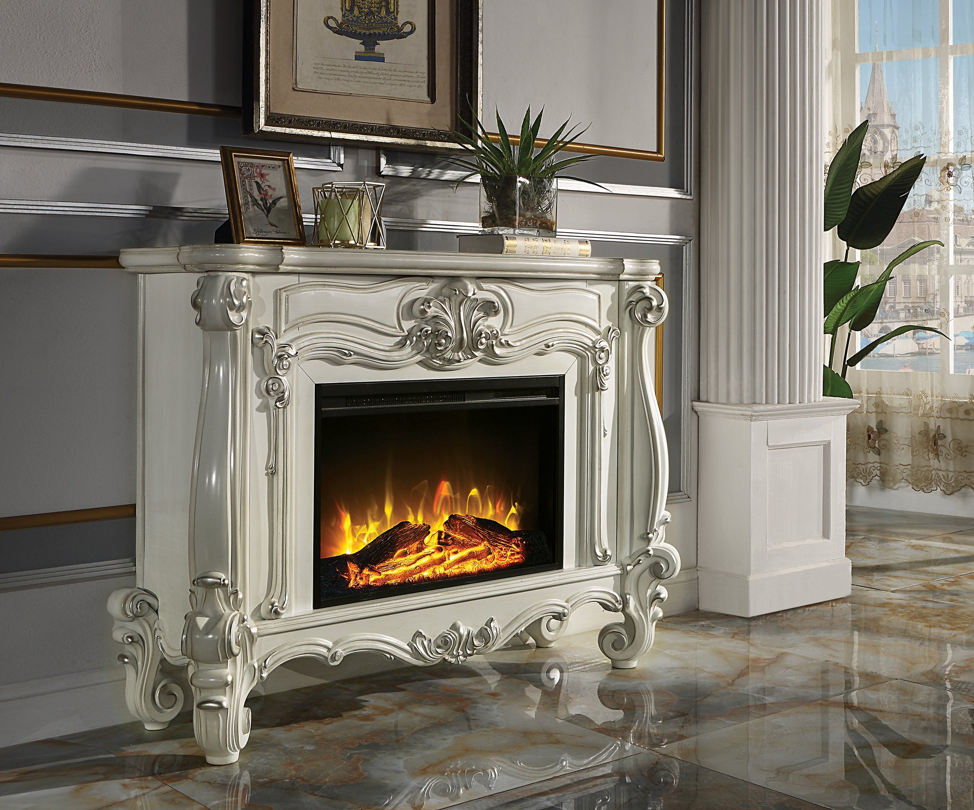 Versailles Fireplace Bone White Finish Ac01316 Antique White Solid Wood Mdf