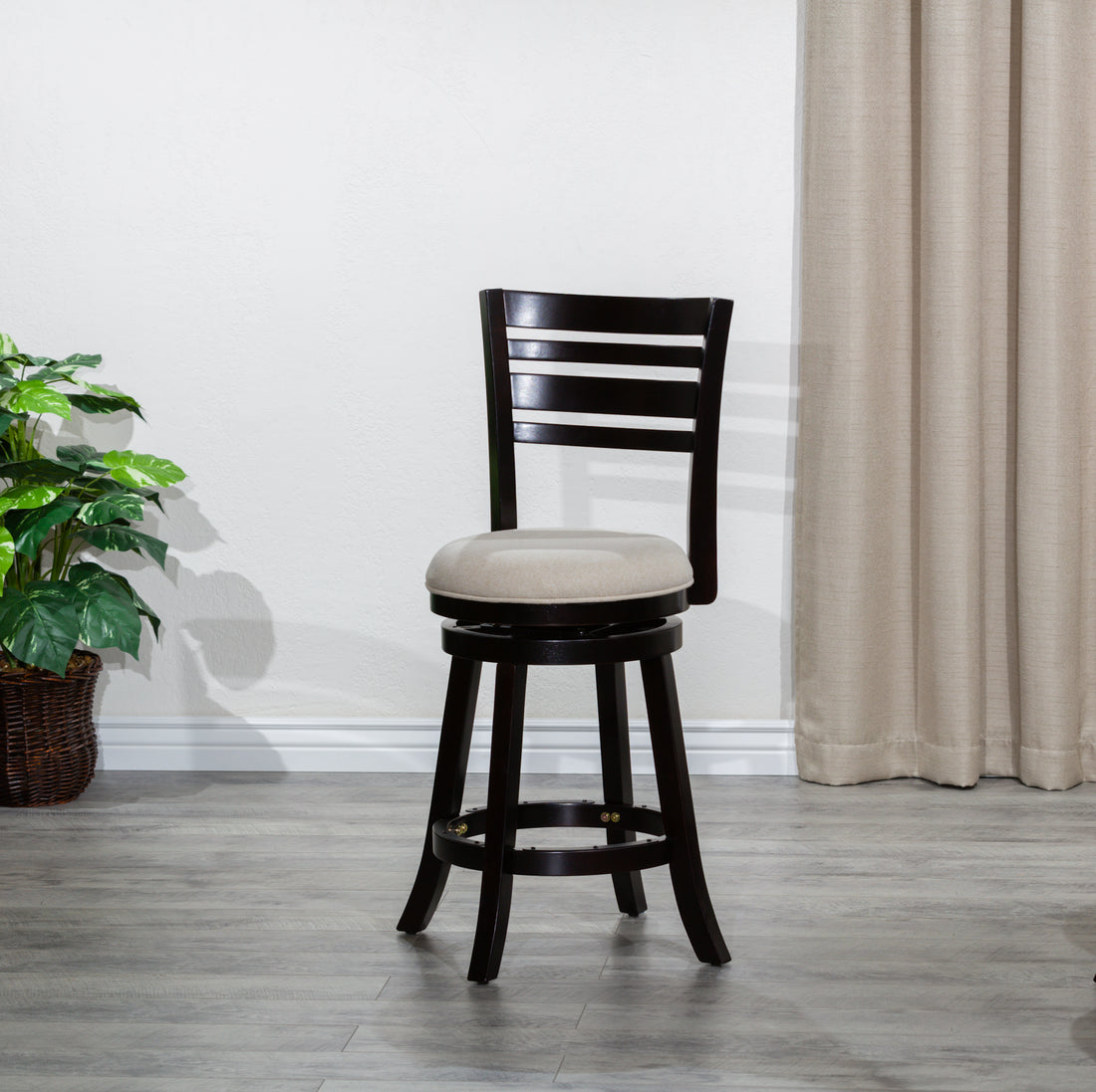 24" Counter Height Slat Back Swivel Stool, Espresso Finish, Beige Fabric Seat Espresso Fabric