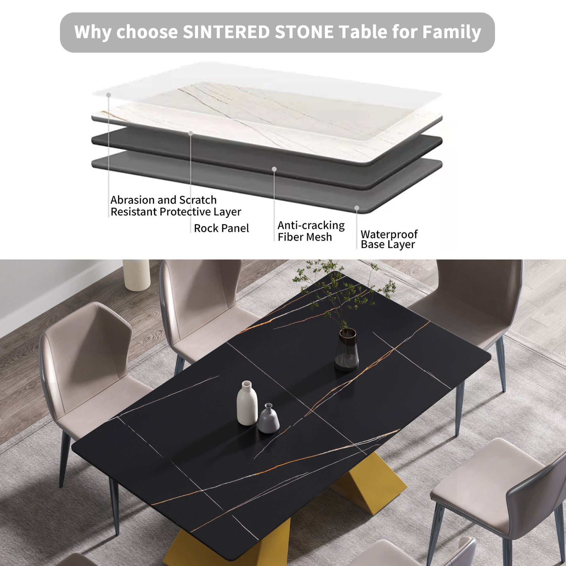 63"Modern Artificial Stone Black Straight Edge Golden Metal Leg Dining Table 6 People Black Metal Sintered Stone