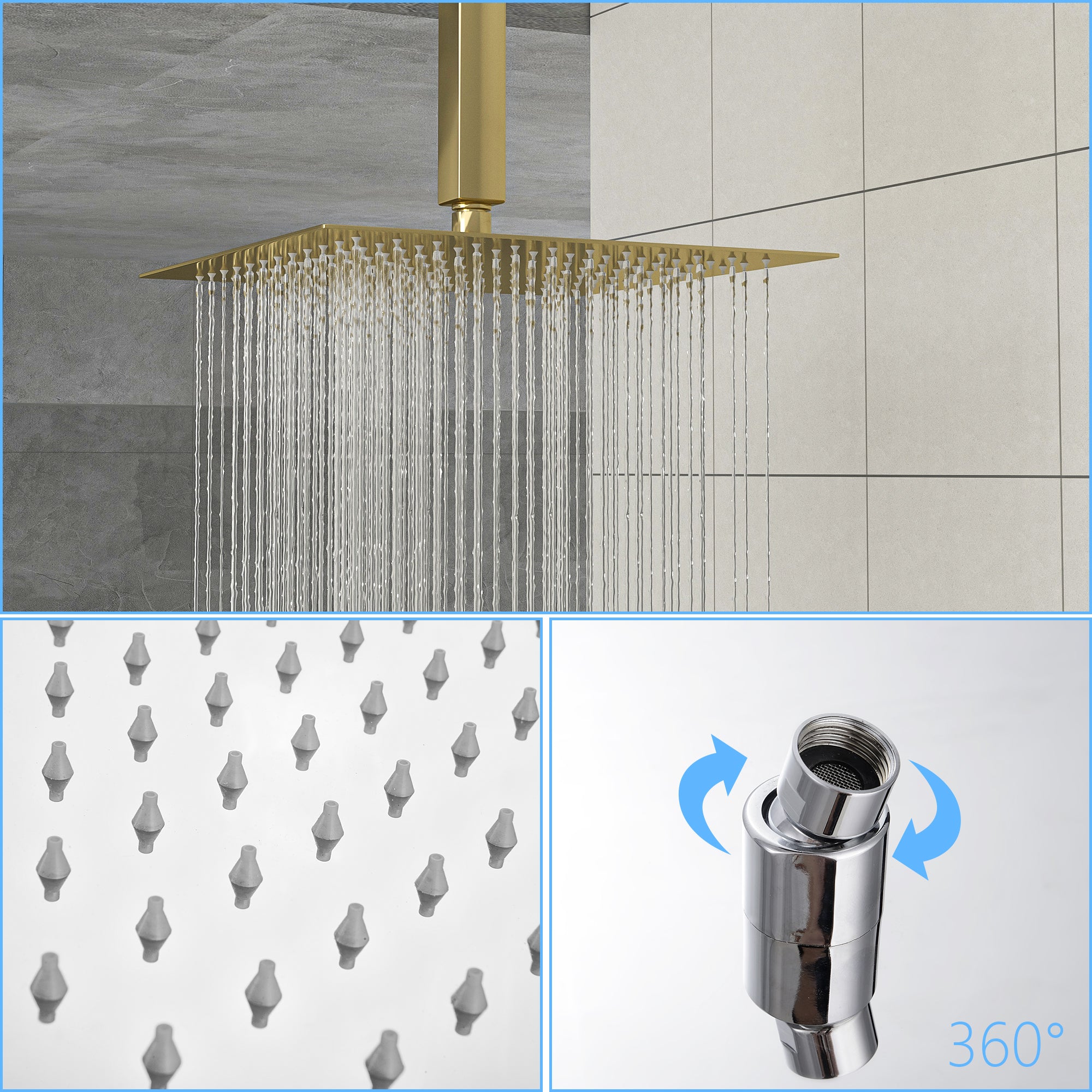 Dual Shower Head 16 Inch Ceiling Mount Square Shower gold-stainless steel