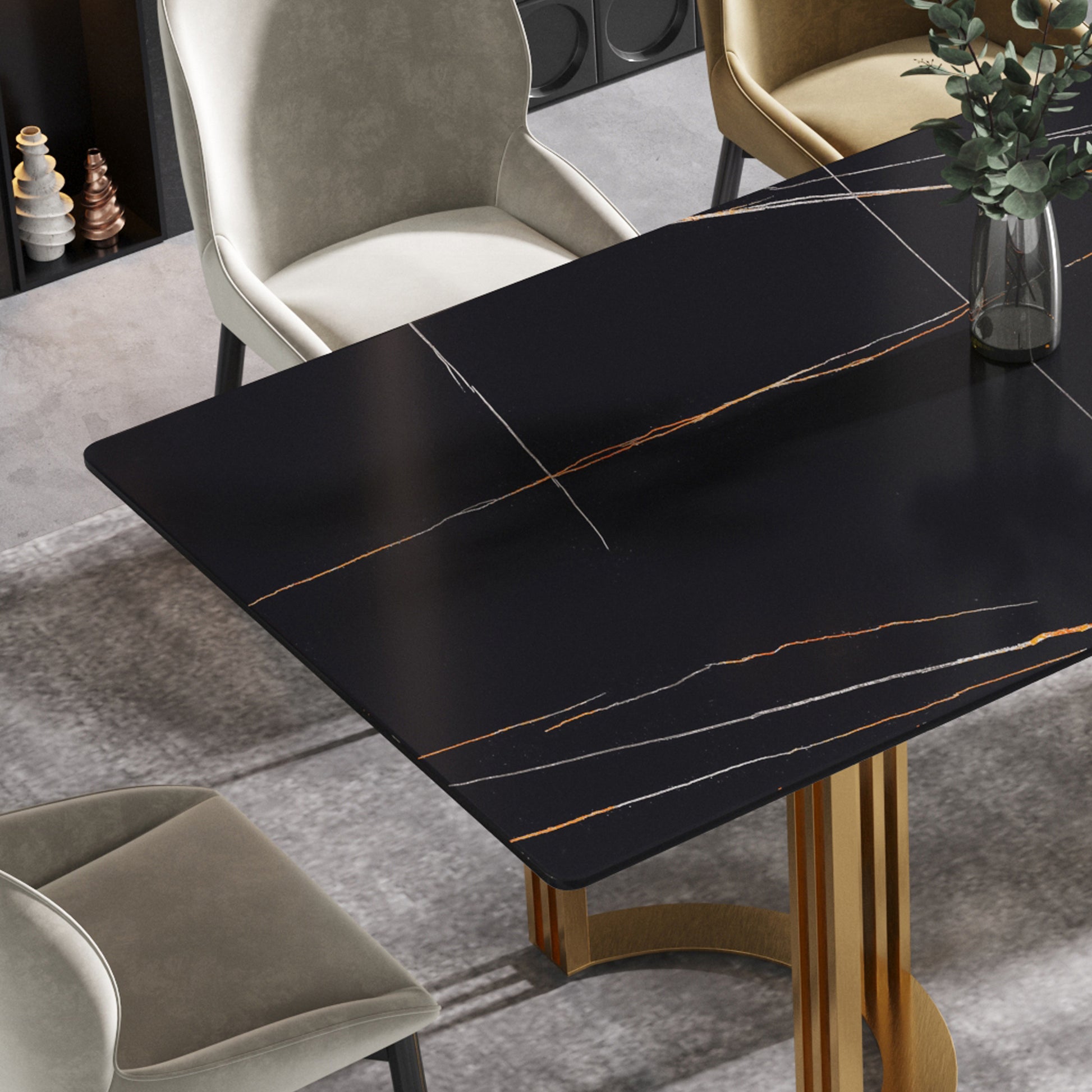 63"Modern Artificial Stone Black Straight Edge Golden Metal Leg Dining Table 6 People Black Metal Sintered Stone