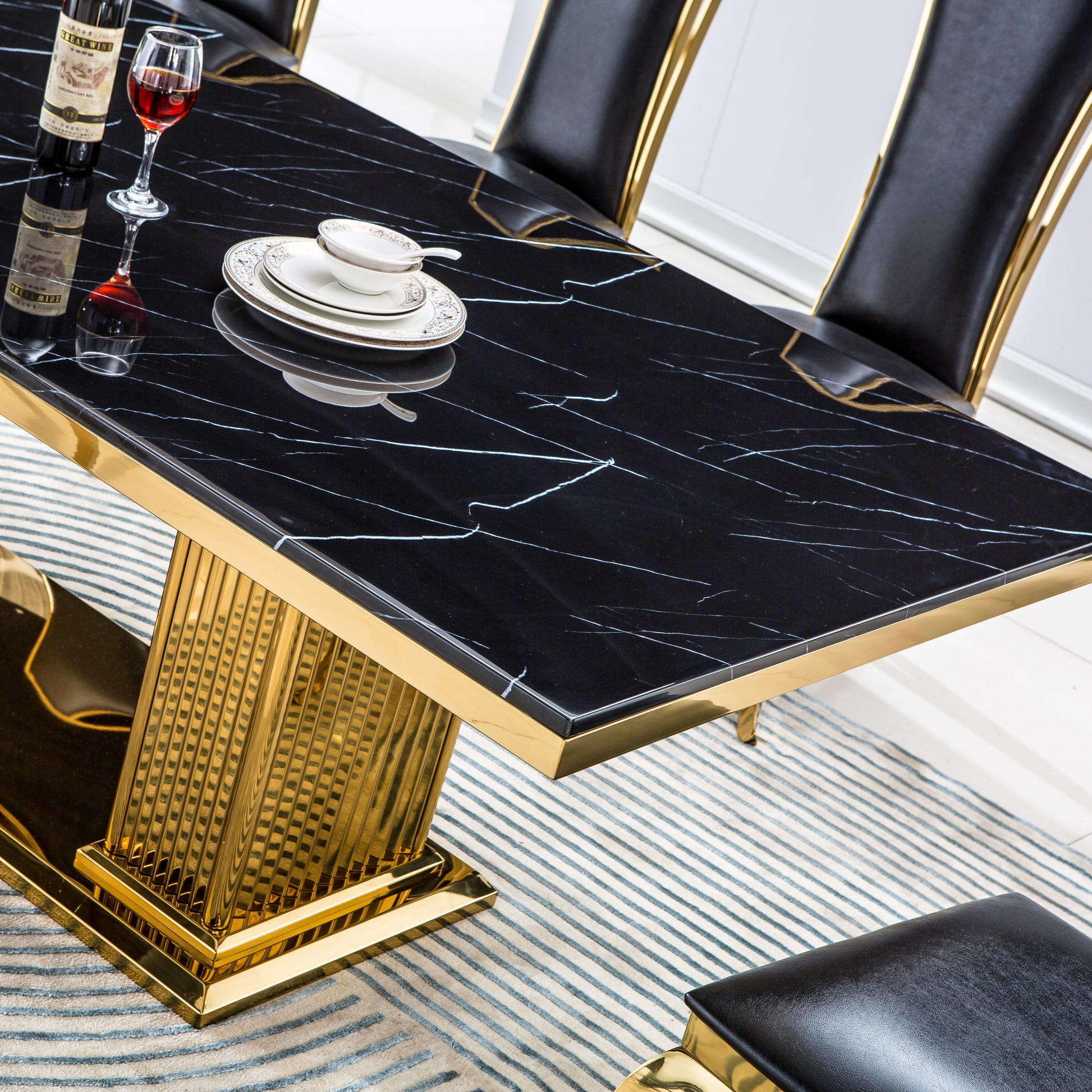 Modern Rectangular Marble Dining Table, 0.71" Thick Marble Top, Double Pedestal Pillar Stainless Steel Base With Gold Mirrored Finish Not Including Chairs Black Marble