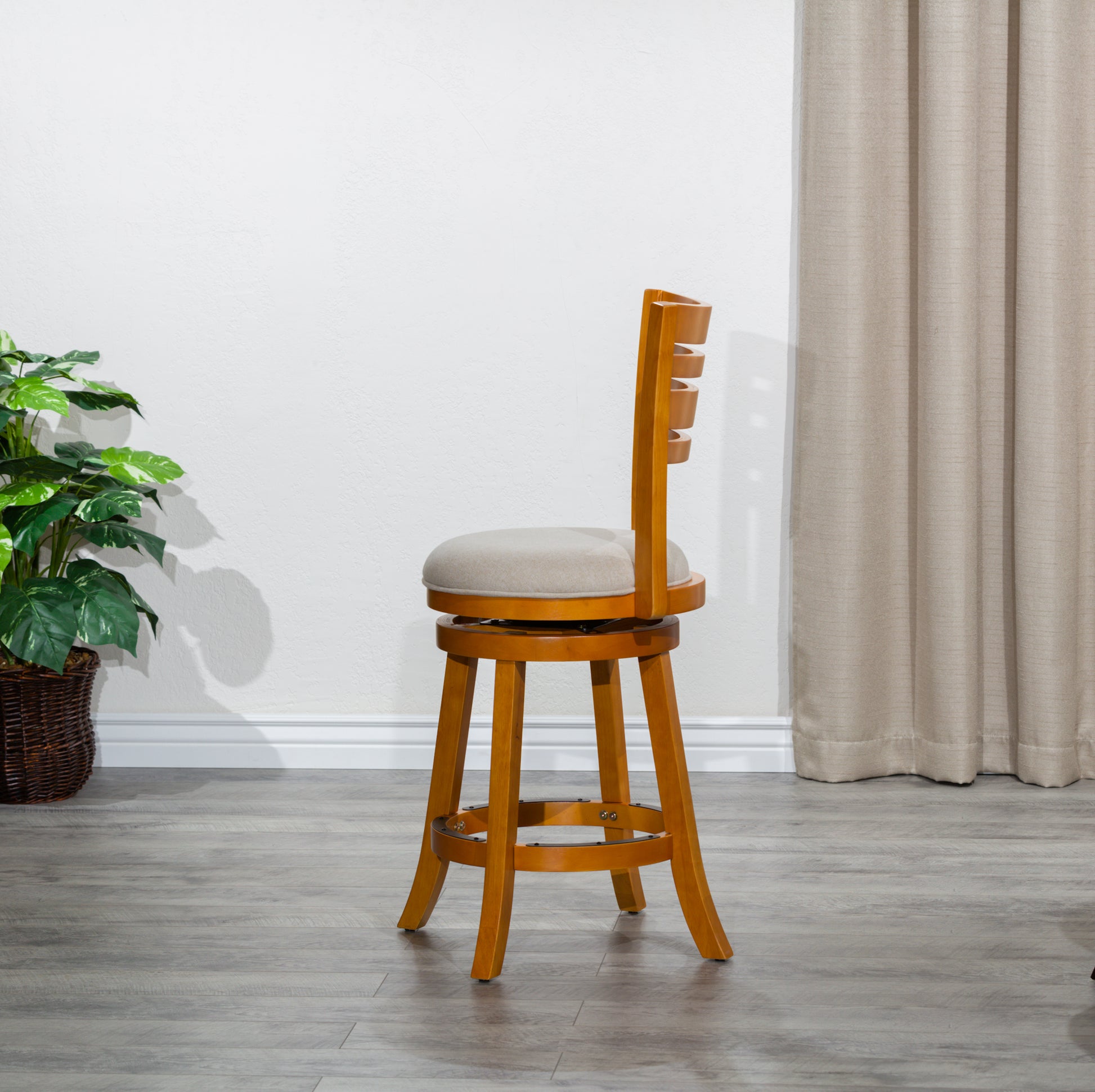 24" Counter Height Slat Back Swivel Stool, Natural Finish, Beige Fabric Seat Natural Fabric