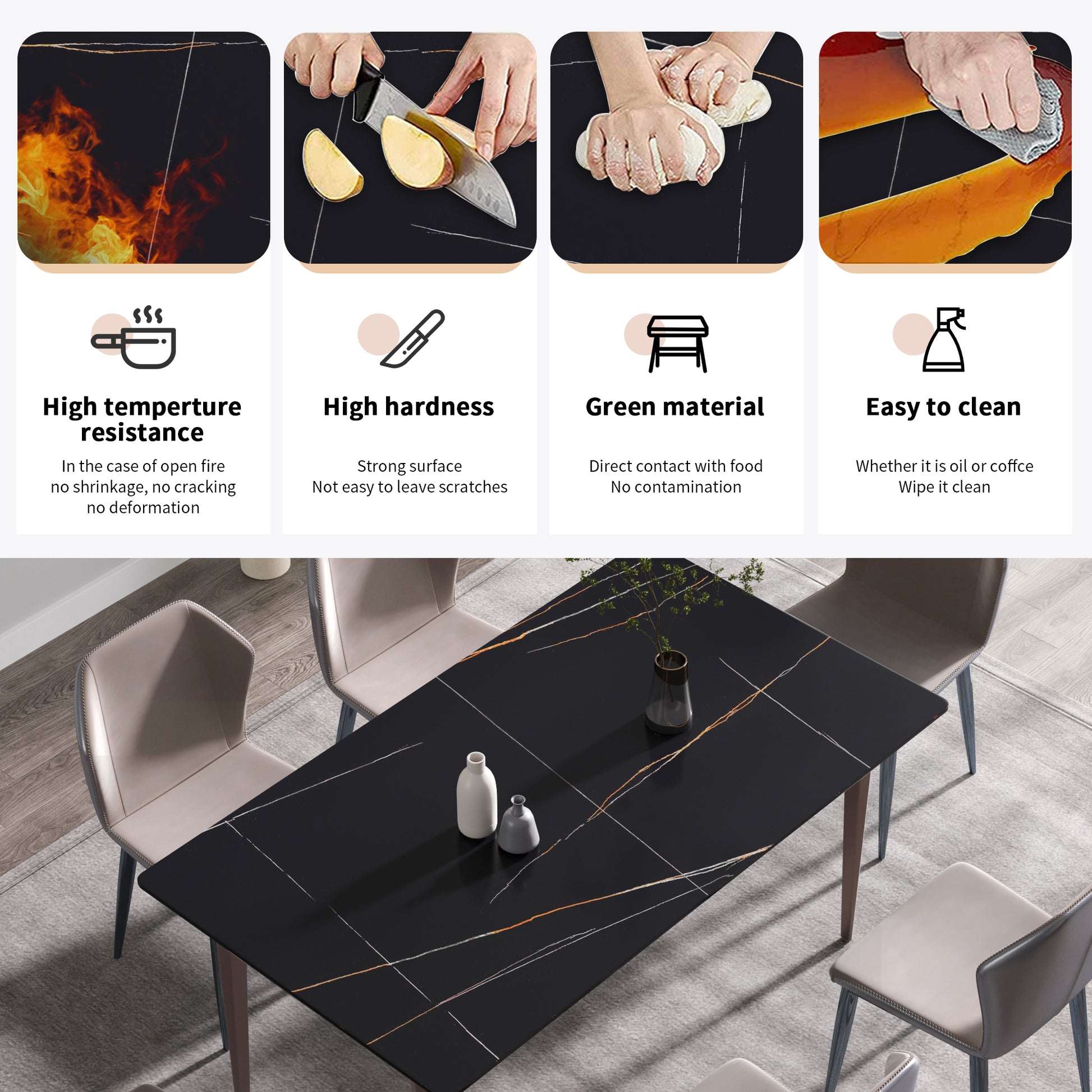 63"Modern Artificial Stone Black Straight Edge Metal Leg Dining Table 6 People Black Metal Sintered Stone