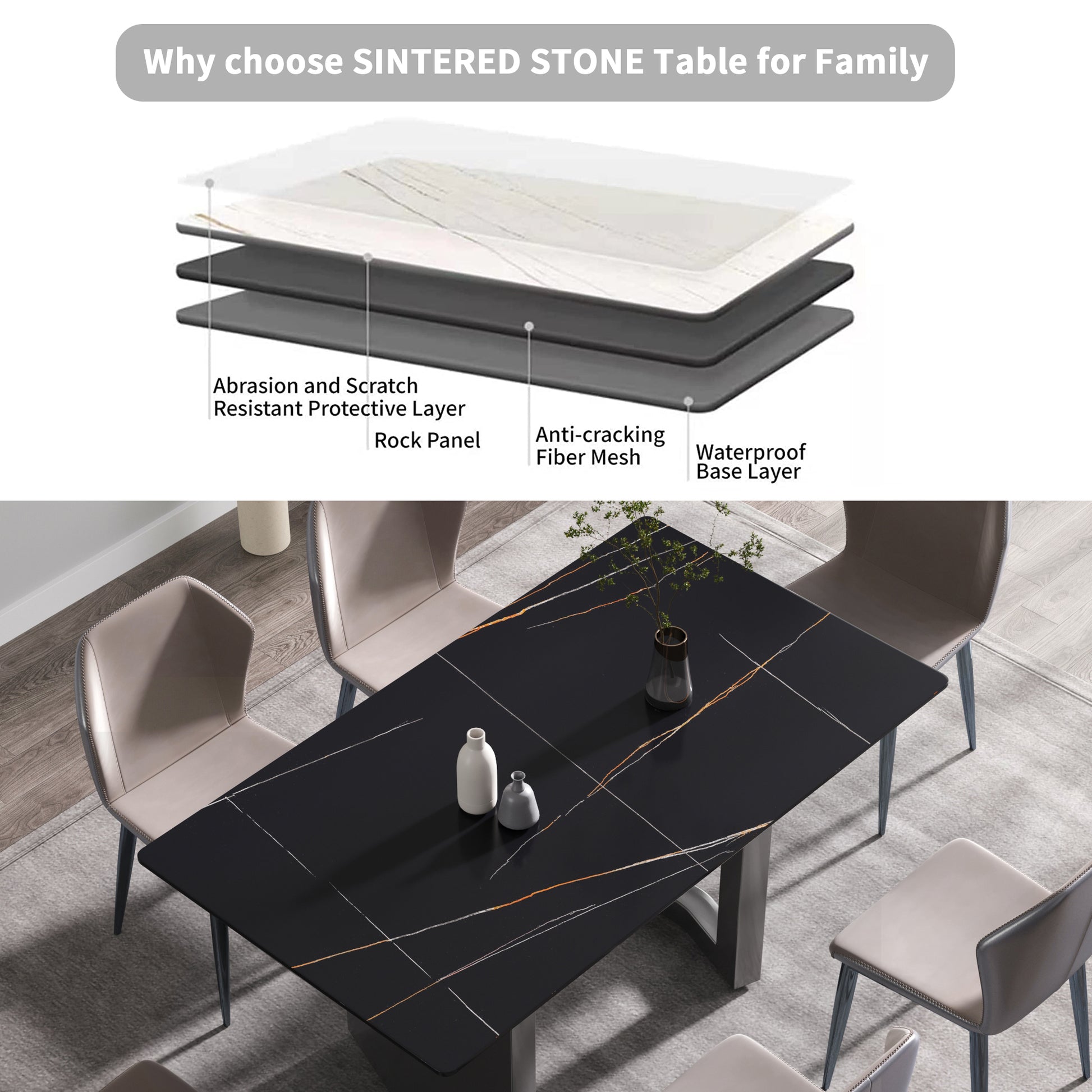 63"Modern Artificial Stone Black Straight Edge Black Metal Leg Dining Table 6 People Black Metal Sintered Stone