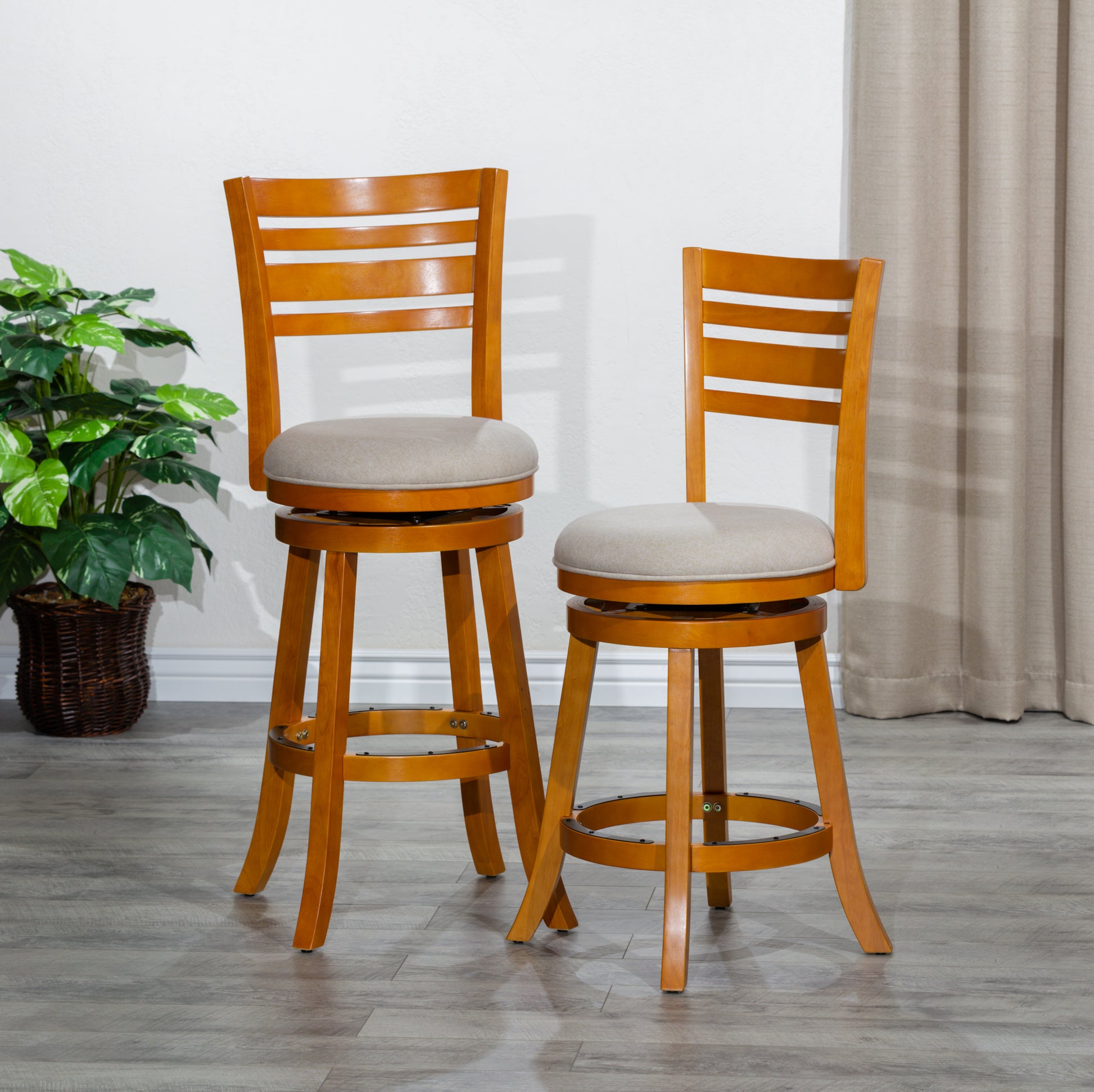 24" Counter Height Slat Back Swivel Stool, Natural Finish, Beige Fabric Seat Natural Fabric