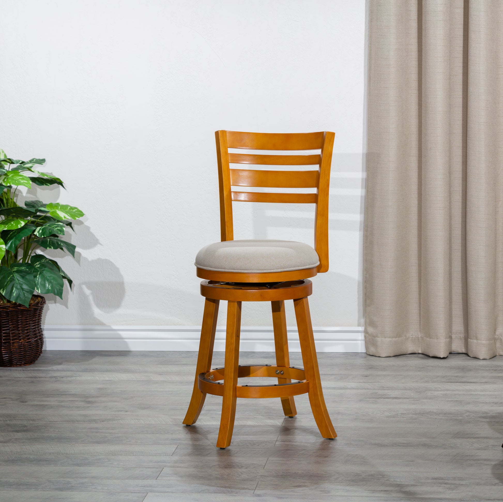 24" Counter Height Slat Back Swivel Stool, Natural Finish, Beige Fabric Seat Natural Fabric