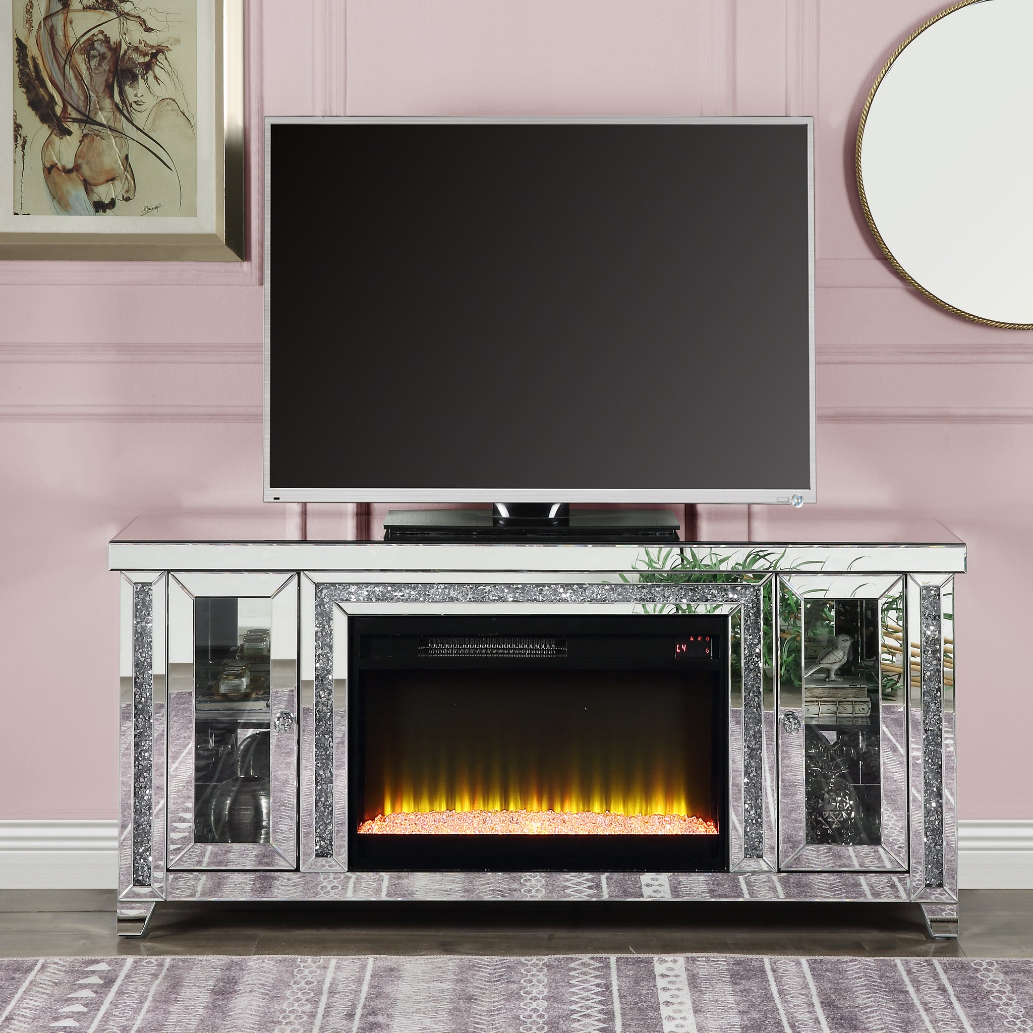 Noralie Tv Stand W Fireplace & Led Mirrored & Faux Diamonds Lv00315 Silver 60 69 Inches Mdf