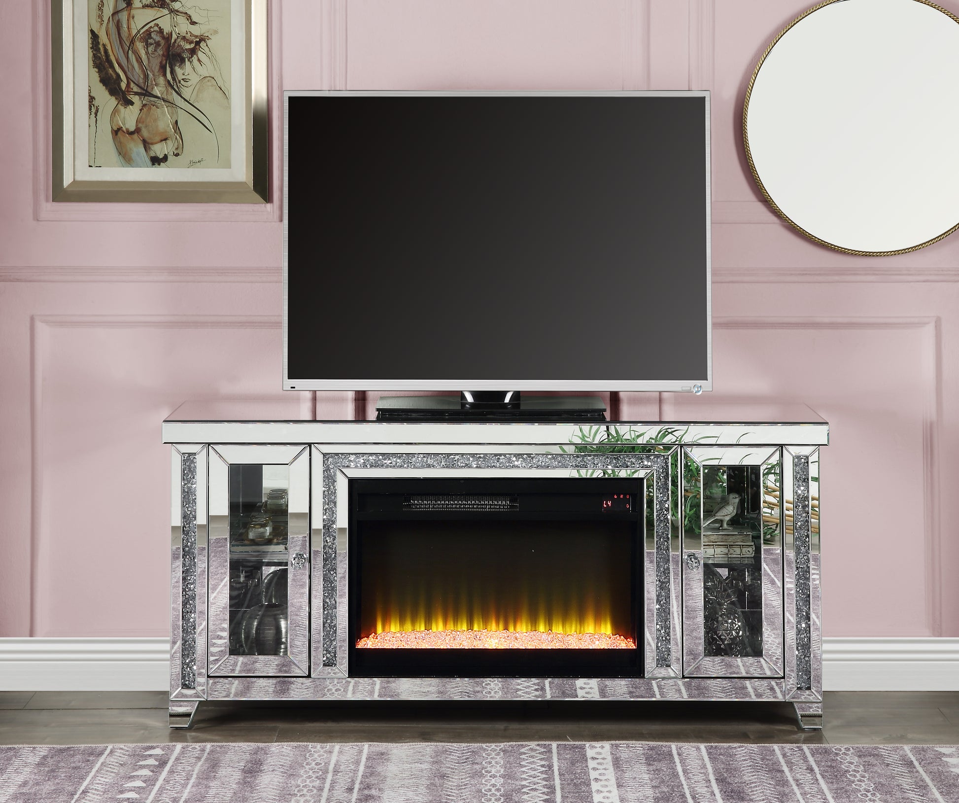 Noralie Tv Stand W Fireplace & Led Mirrored & Faux Diamonds Lv00315 Silver 60 69 Inches Mdf