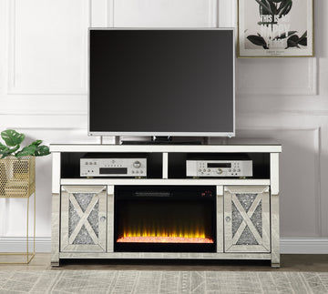 Noralie Tv Stand W Fireplace Mirrored & Faux Diamonds Lv00318 Silver Mdf
