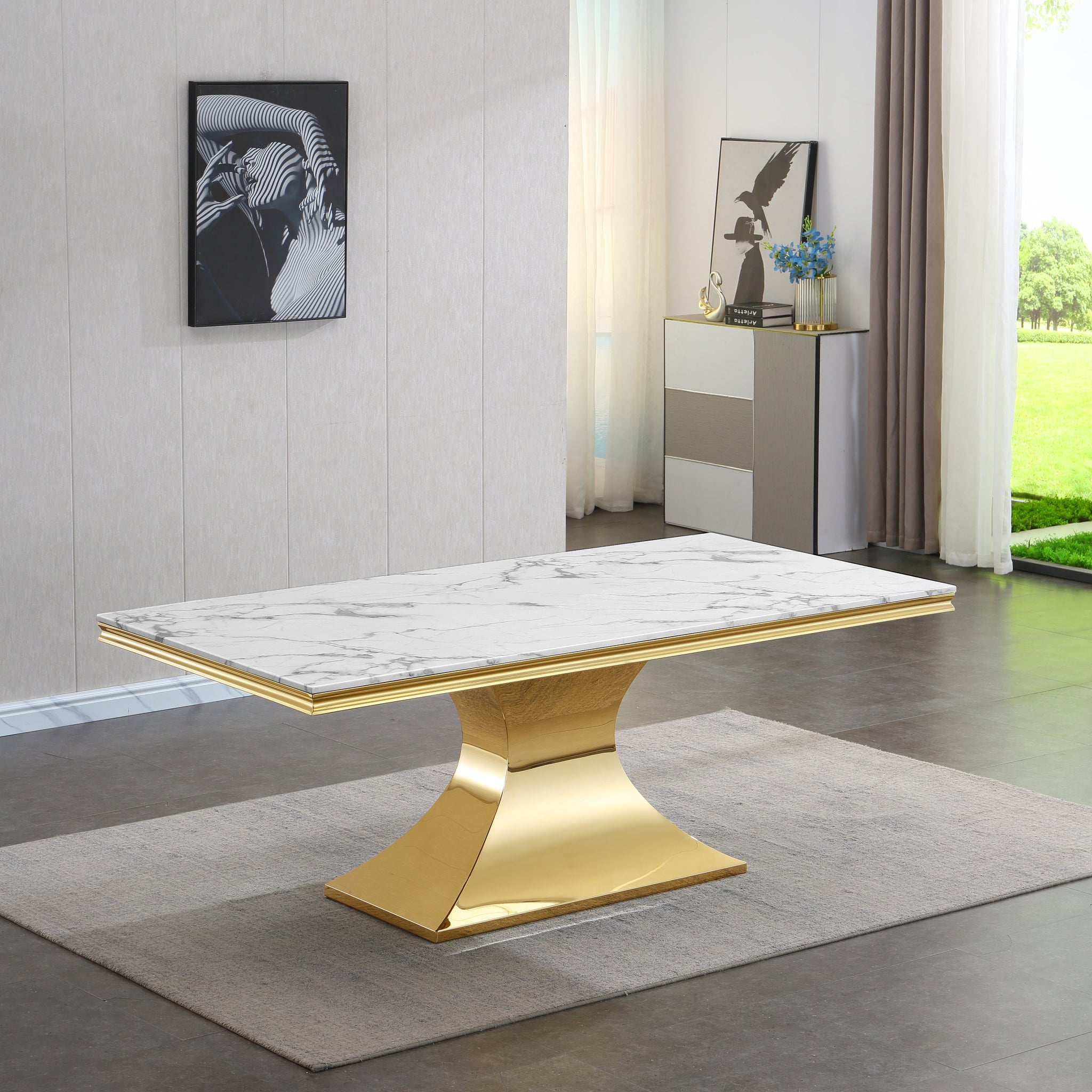 Luxurious Design Marble Rectangular Dining Table With Gold Mirrored Finish Stainless Steel Base Golden White Marble