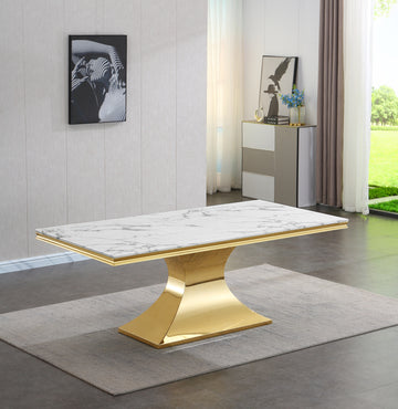 Luxurious Design Marble Rectangular Dining Table With Gold Mirrored Finish Stainless Steel Base Golden White Marble