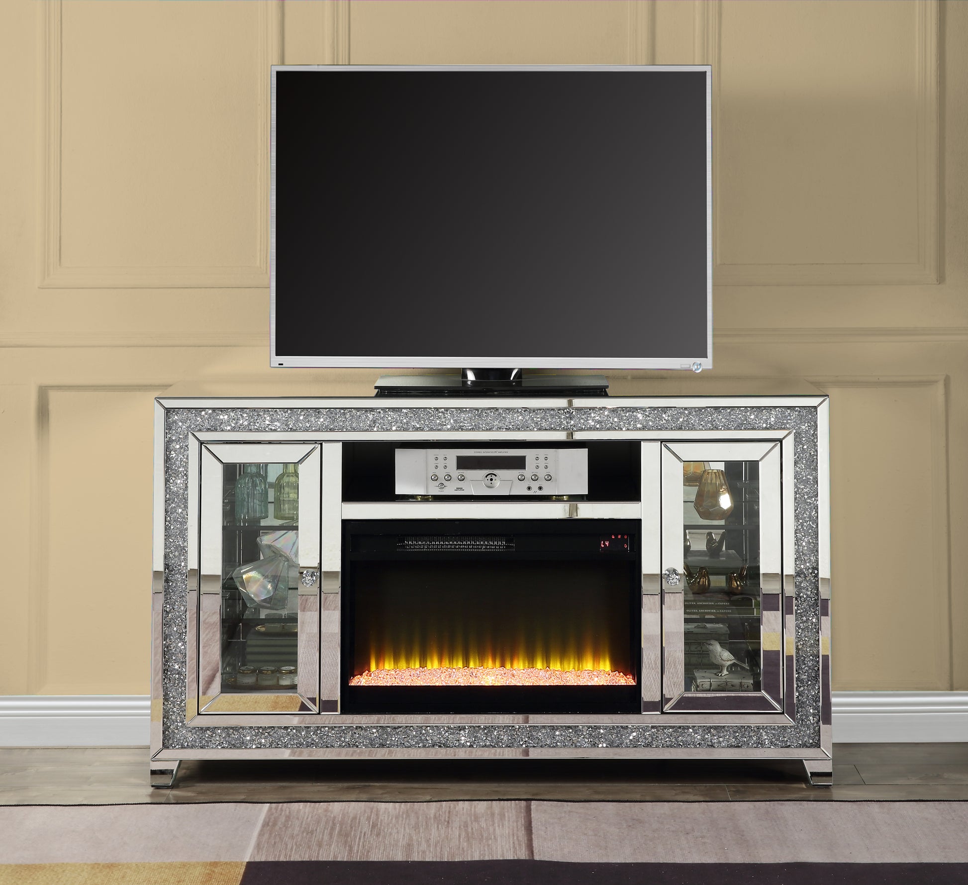 Noralie Tv Stand W Fireplace & Led Mirrored & Faux Diamonds Lv00316 Silver Mdf