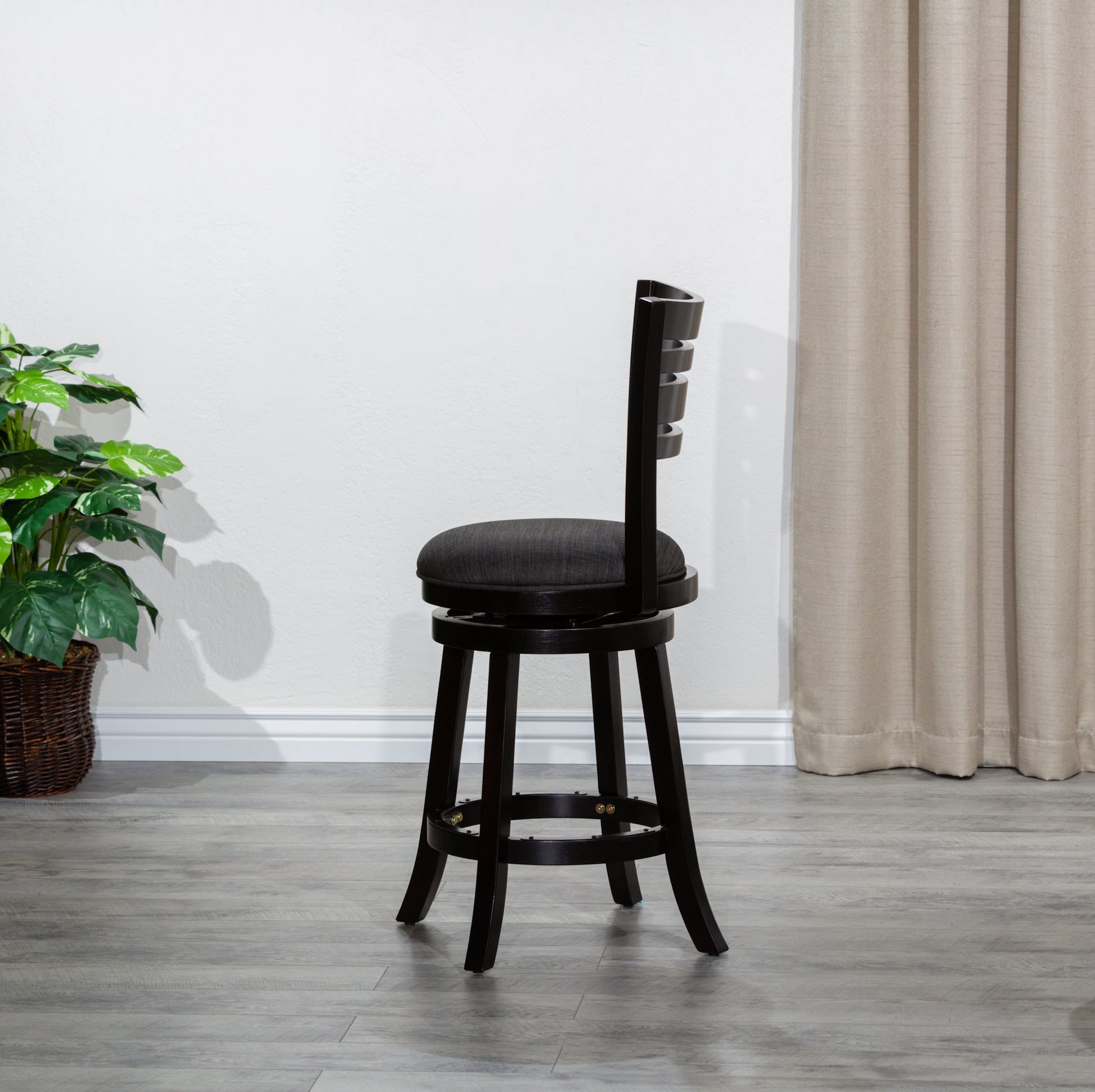 30" Bar Height Slat Back Swivel Stool, Espresso Finish, Charcoal Fabric Seat Espresso Fabric