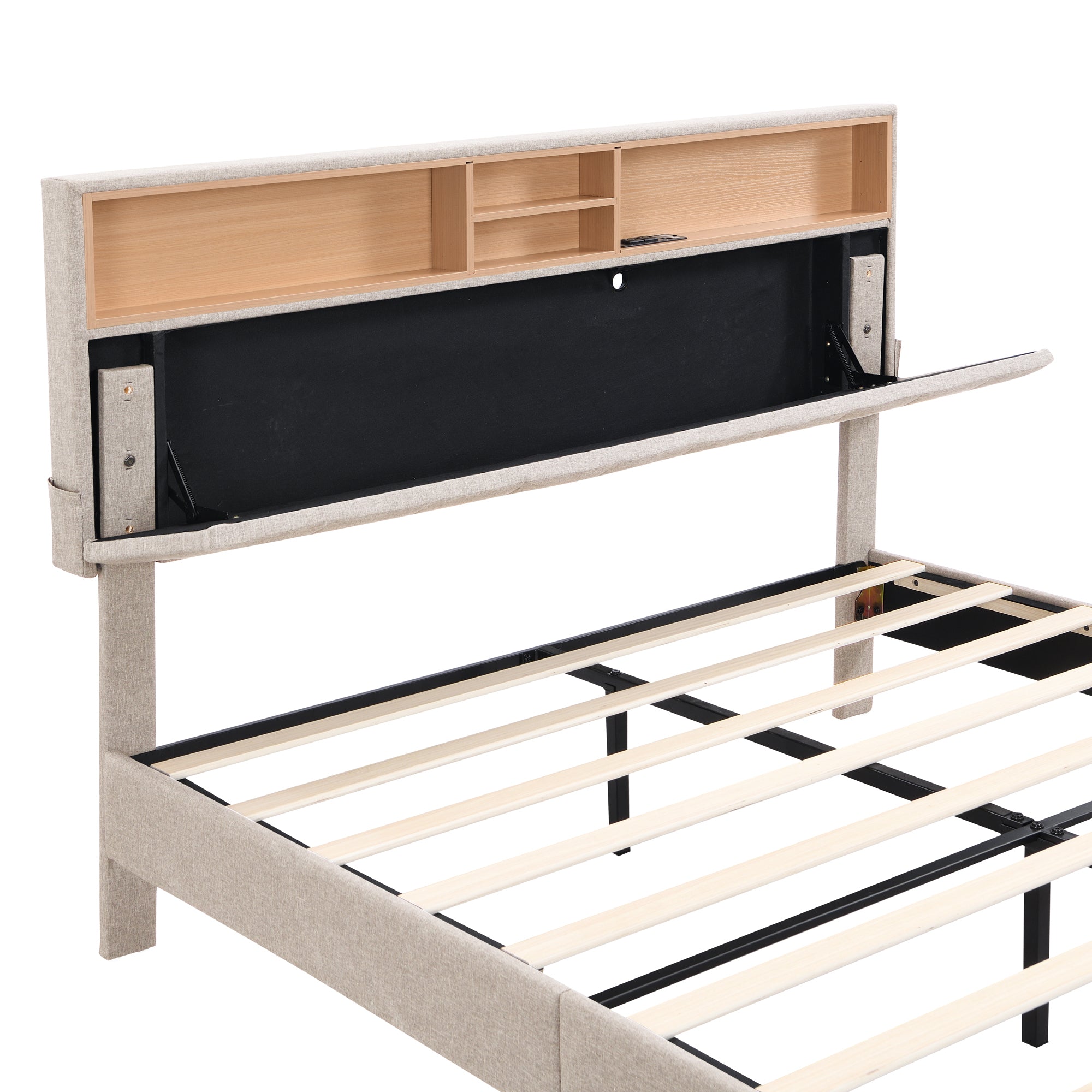Queen Size Upholstered Platform Bed with Storage beige-linen