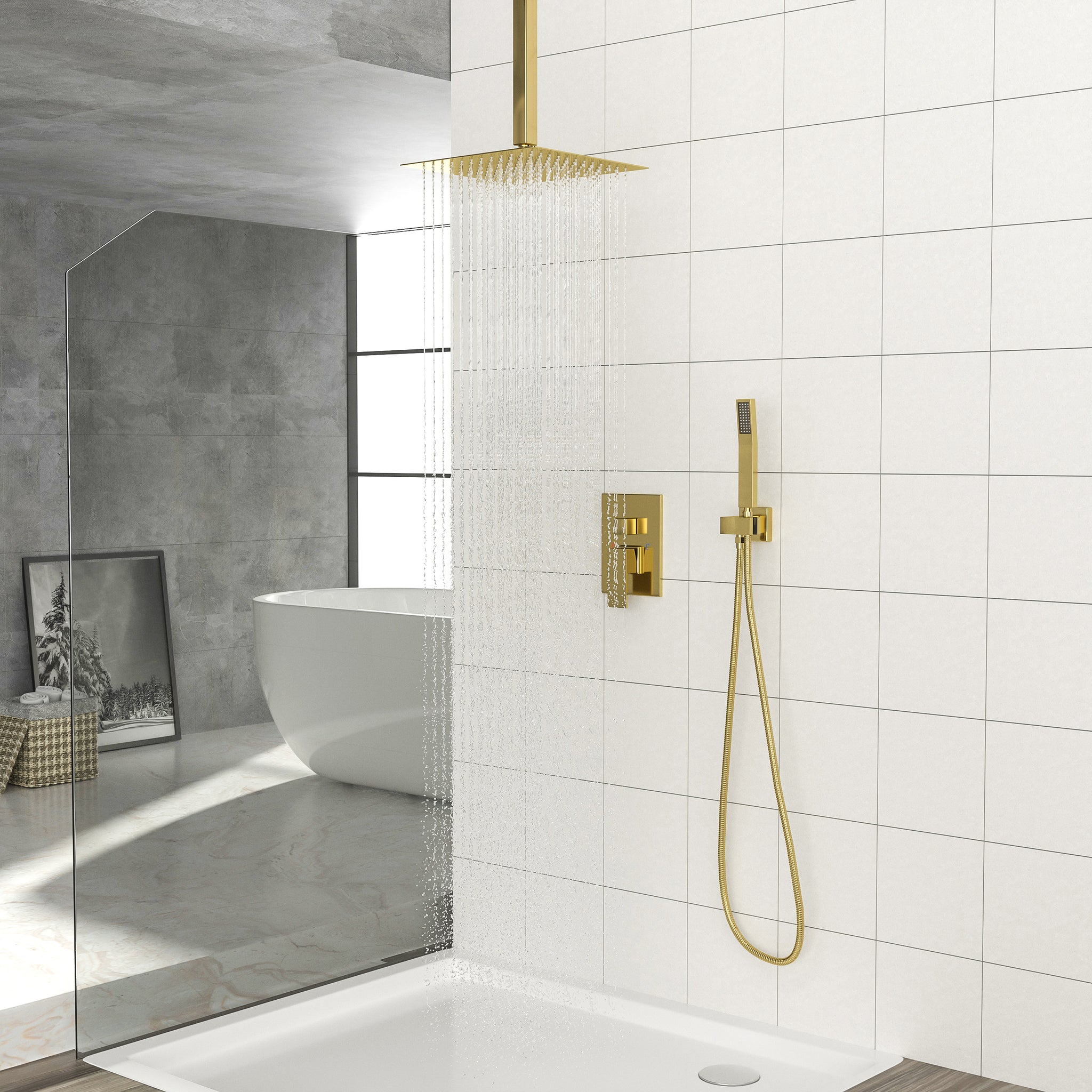 Dual Shower Head 10 Inch Ceiling Mount Square Shower gold-stainless steel