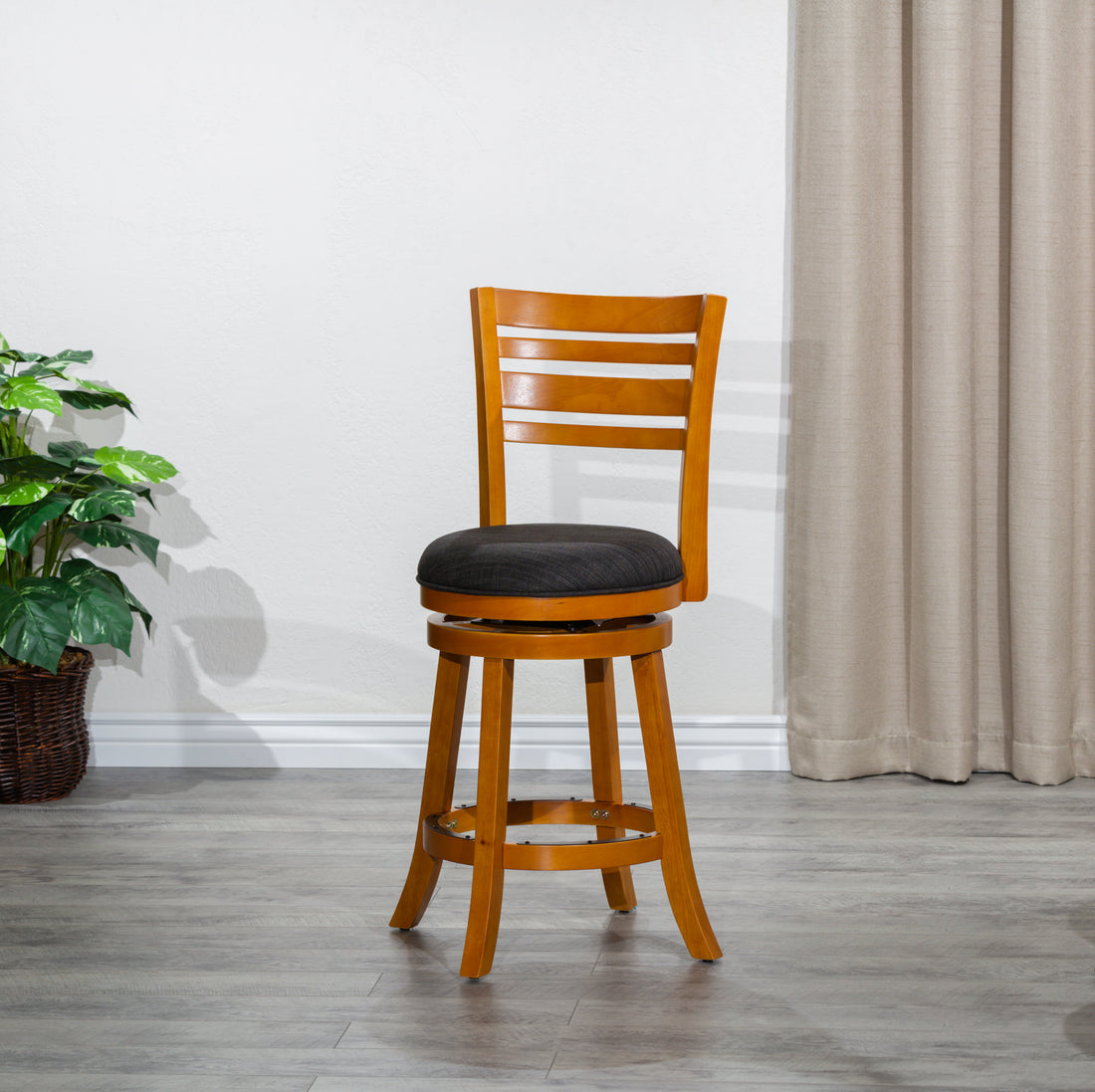 24" Counter Height Slat Back Swivel Stool, Natural Finish, Charcoal Fabric Seat Natural Fabric