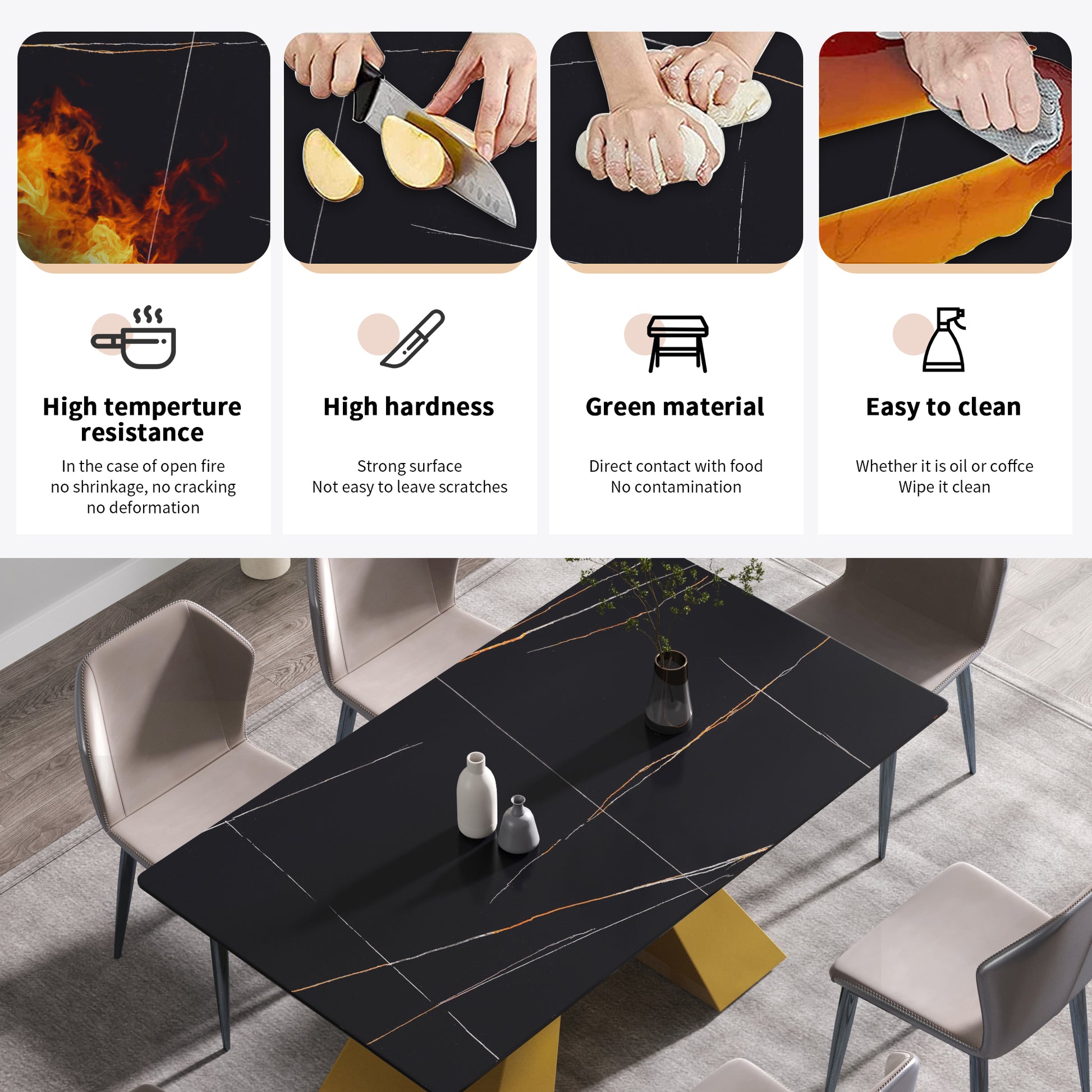 63"Modern Artificial Stone Black Straight Edge Golden Metal Leg Dining Table 6 People Black Metal Sintered Stone