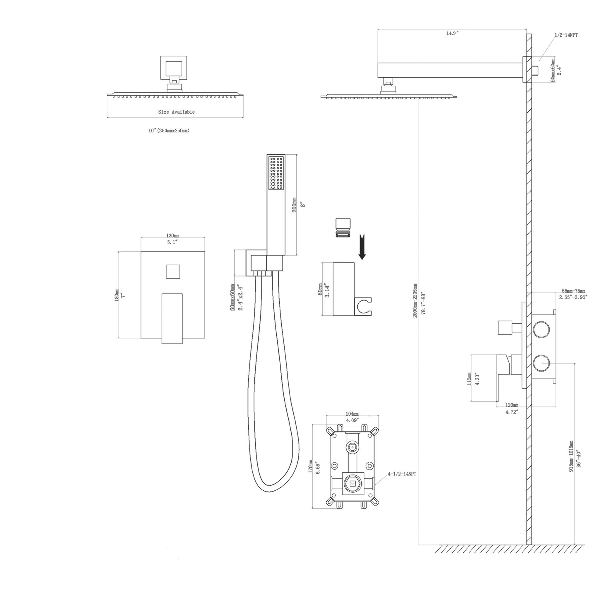 Dual Shower Head 10 Inch Wall Mounted Square Shower System With Rough In Valve, Brushed Nickel Brushed Nickel Stainless Steel