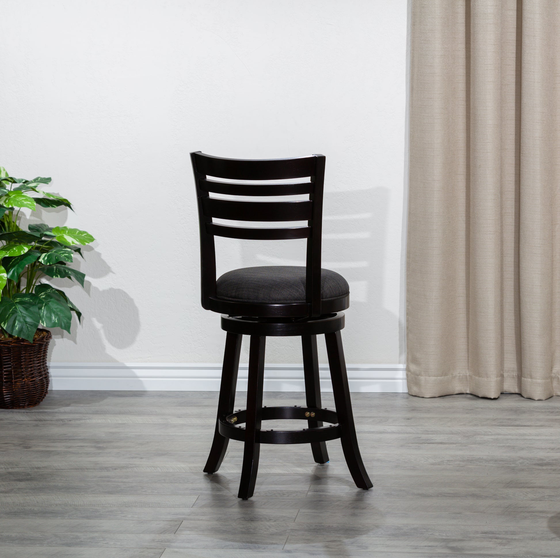 30" Bar Height Slat Back Swivel Stool, Espresso Finish, Charcoal Fabric Seat Espresso Fabric