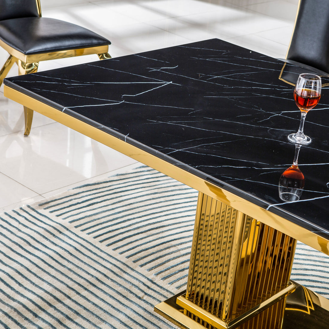 Modern Rectangular Marble Dining Table, 0.71" Thick Marble Top, Double Pedestal Pillar Stainless Steel Base With Gold Mirrored Finish Not Including Chairs Black Marble