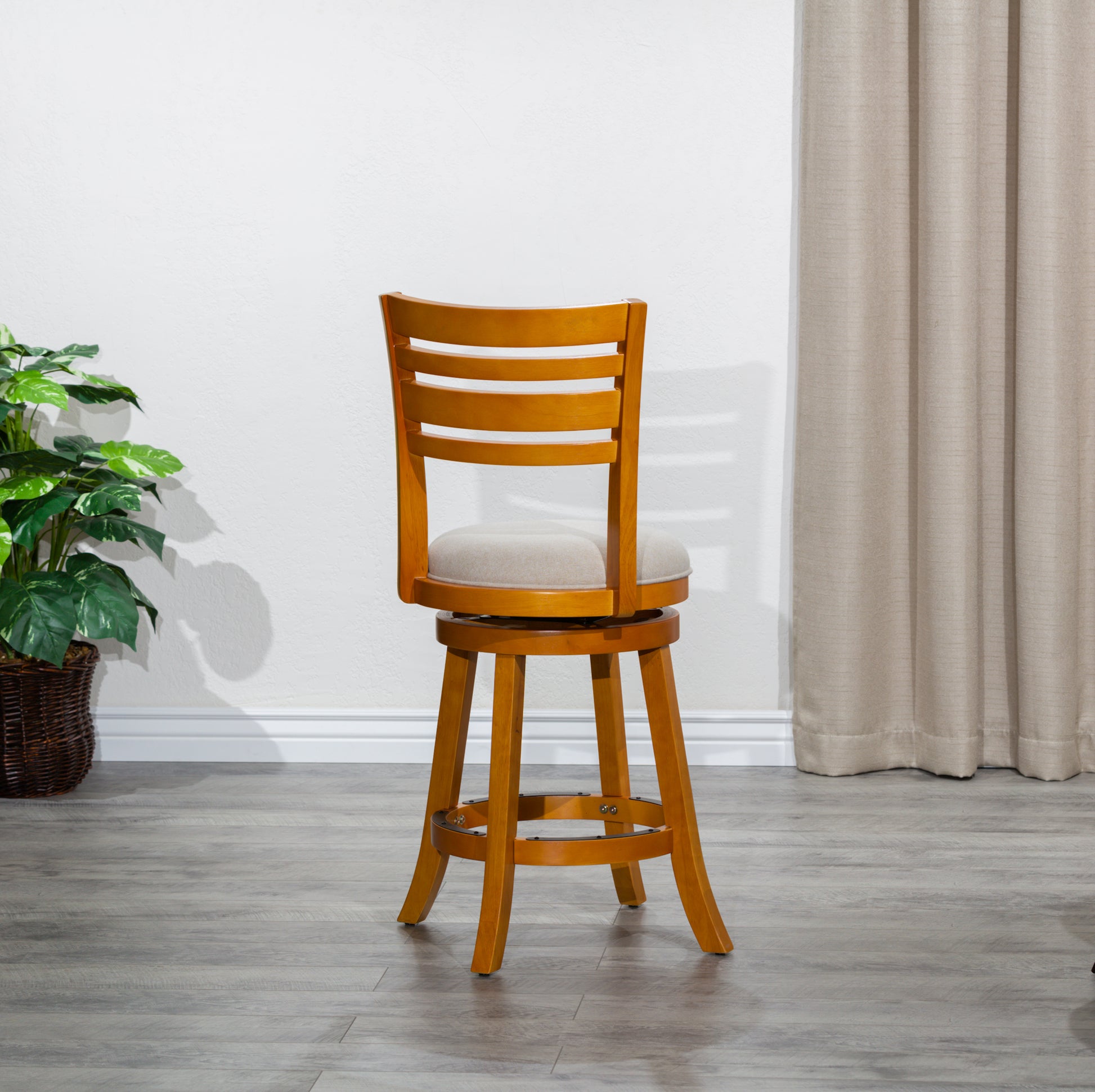 24" Counter Height Slat Back Swivel Stool, Natural Finish, Beige Fabric Seat Natural Fabric