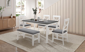 6 Piece Wood Dining Table Set Kitchen Table Set With Upholstered Bench And 4 Dining Chairs, Farmhouse Style,Gray White White Wood Dining Room Bench Seating Rubberwood Rectangular Dining Table With Chair And Bench Upholstered Chair Wood White Solid Back