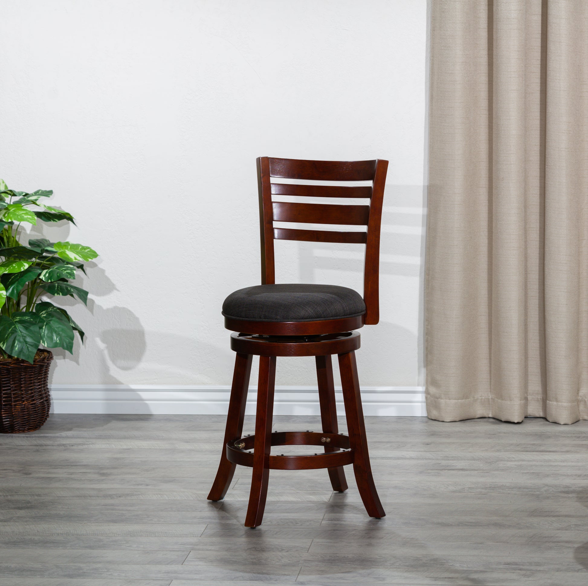 24" Counter Height Slat Back Swivel Stool, Cherry Finish, Charcoal Fabric Seat Cherry Fabric