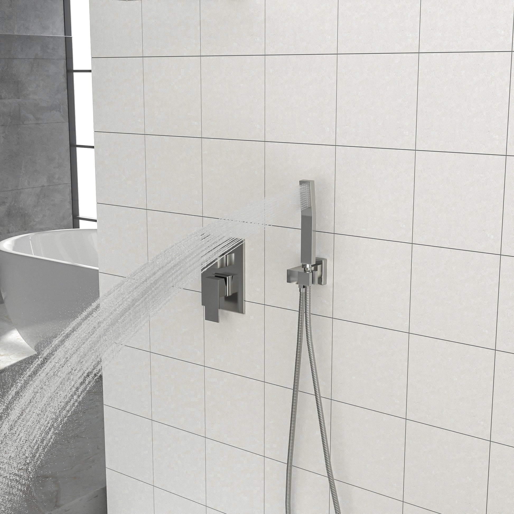 Dual Shower Head 12 Inch Wall Mounted Square Shower System With Rough In Valve, Brushed Nickel Brushed Nickel Stainless Steel